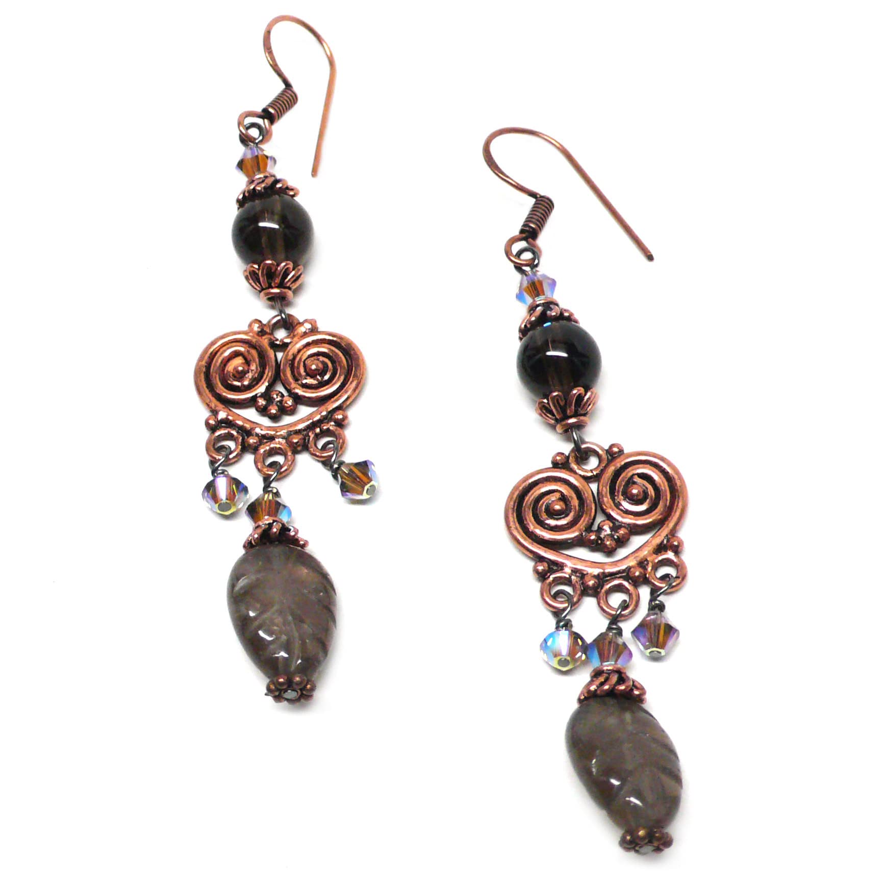 Smoky Quartz Leaf Copper Heart Chandelier Earrings for Women - Elegant Bohemian Dangle Drop Earrings for Party, Wedding & Evening Occasions