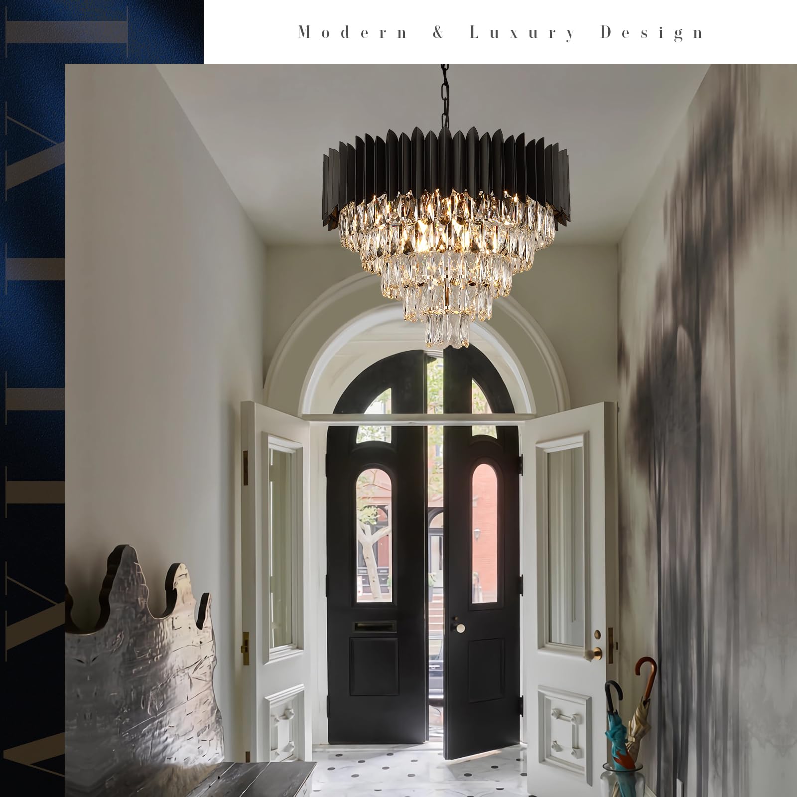 Modern Black Crystal Chandelier - 24 Inch Round Dimmable Ceiling Light Fixture with 12 Lights & 5-Tier Raindrop Design for Living Room, Dining Room, Bedroom, Foyer - Elegant Luxury Lighting for Home Decor, Wedding Venues and Hotel Lobbies