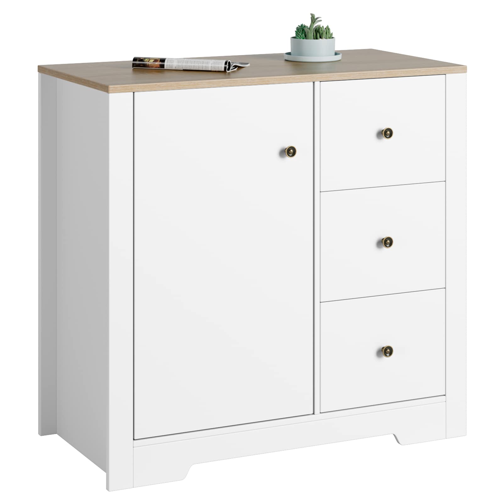 Modern White Wood Storage Cabinet with Door & 3 Drawers - Kitchen Sideboard, Bedroom, Bathroom, Living Room & Entryway Organizer - White Oak Finish for Home & Office Storage Solutions