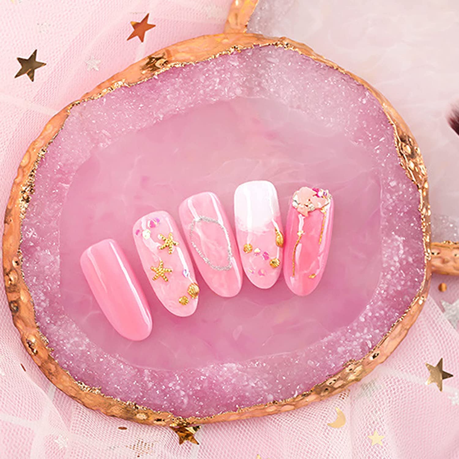 B-LADY Agate Nail Art Palette with Golden Edges - Crystal Resin Nail Paint Mixing Tray & Display Holder - Perfect for Salon, DIY Manicure & Nail Art Photography