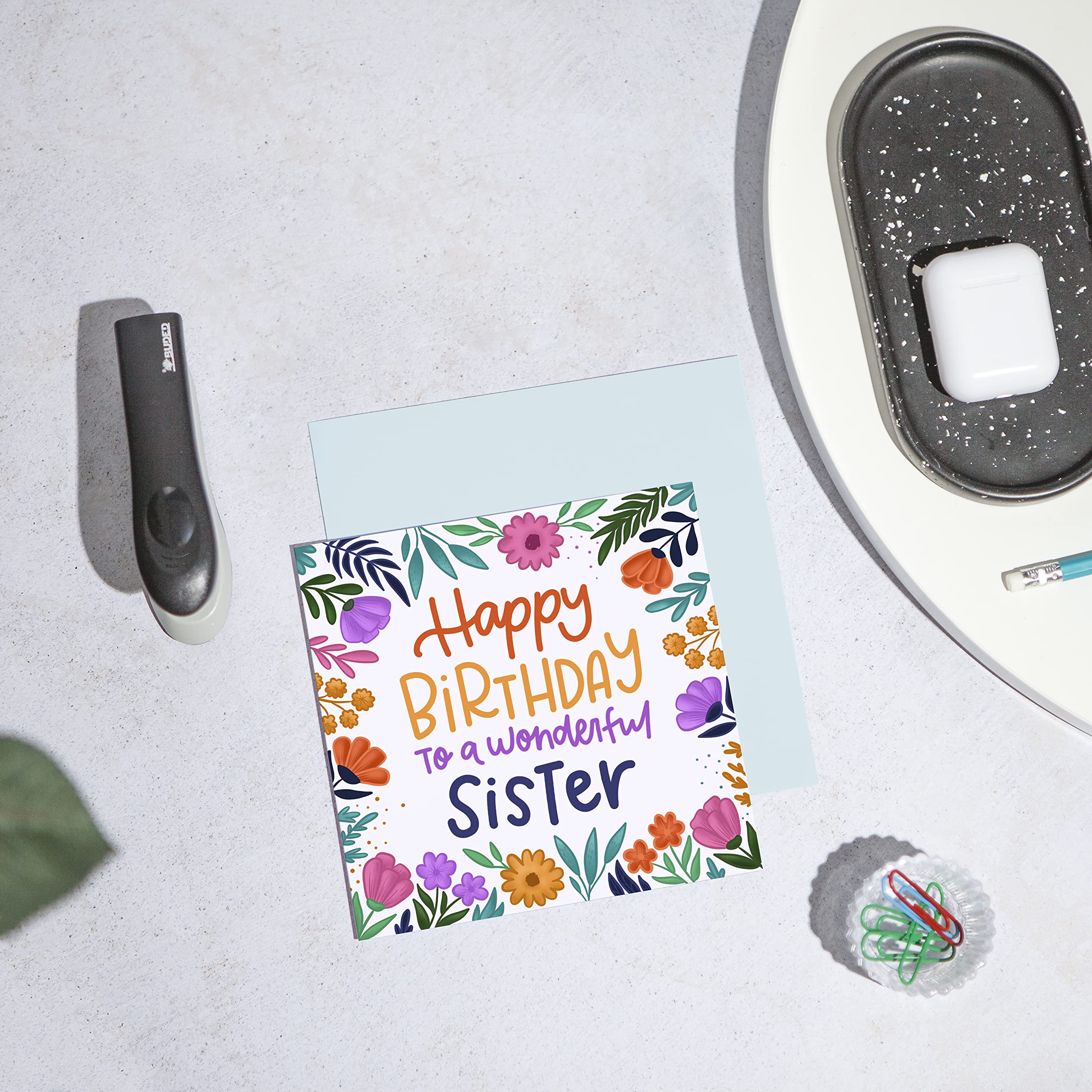 Floral Print Sister Birthday Card - Luxurious Greeting Card for Women with Vivid Colors - 5.8 x 5.8 Inch Pretty Birthday Gift - Perfect for Sister's Birthday, Women's Day & Special Occasions