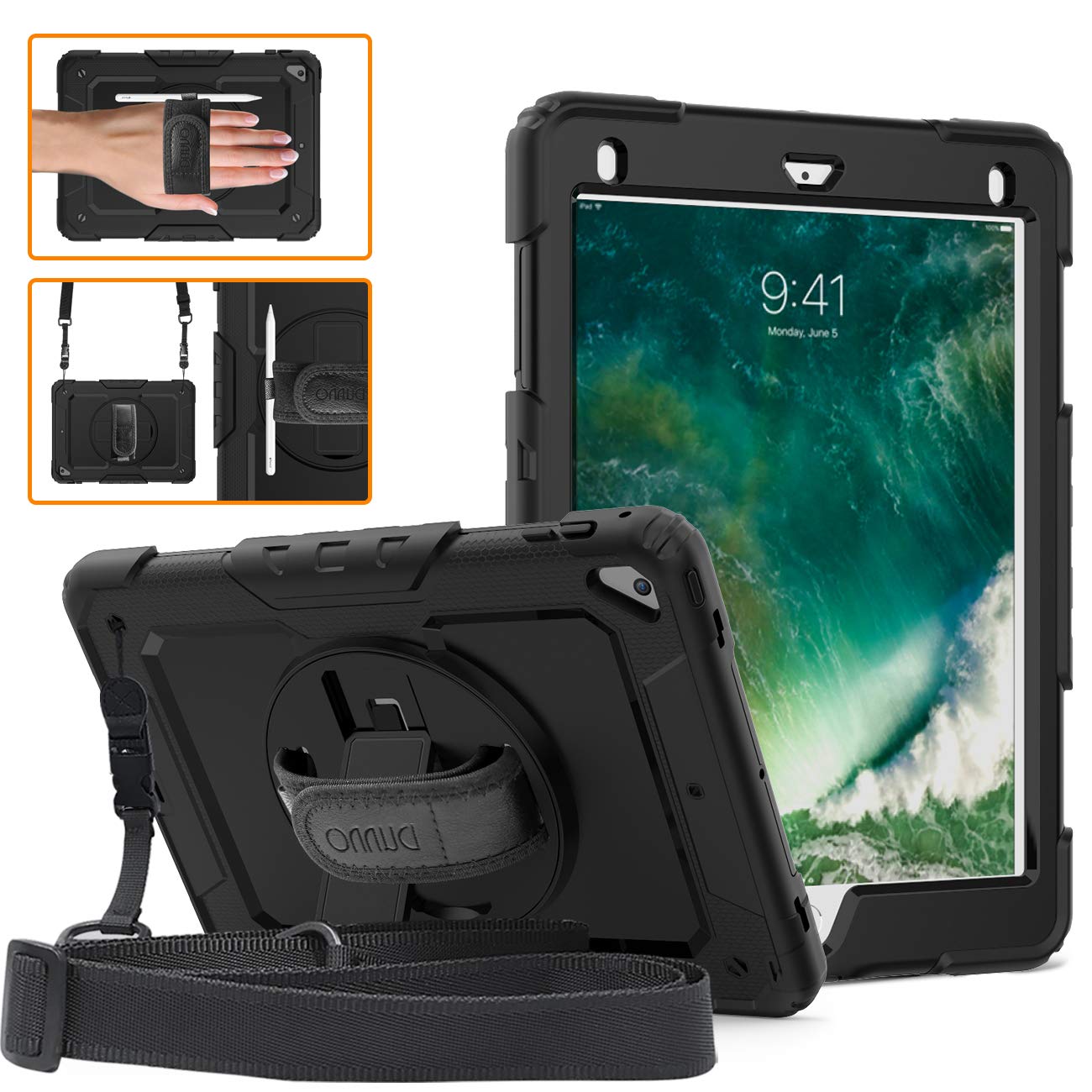 DUNNO iPad 6th/5th Generation Case with Screen Protector - 360° Rotating Stand, Hand Strap & Shoulder Strap - Full Body Protective Cover for iPad 9.7