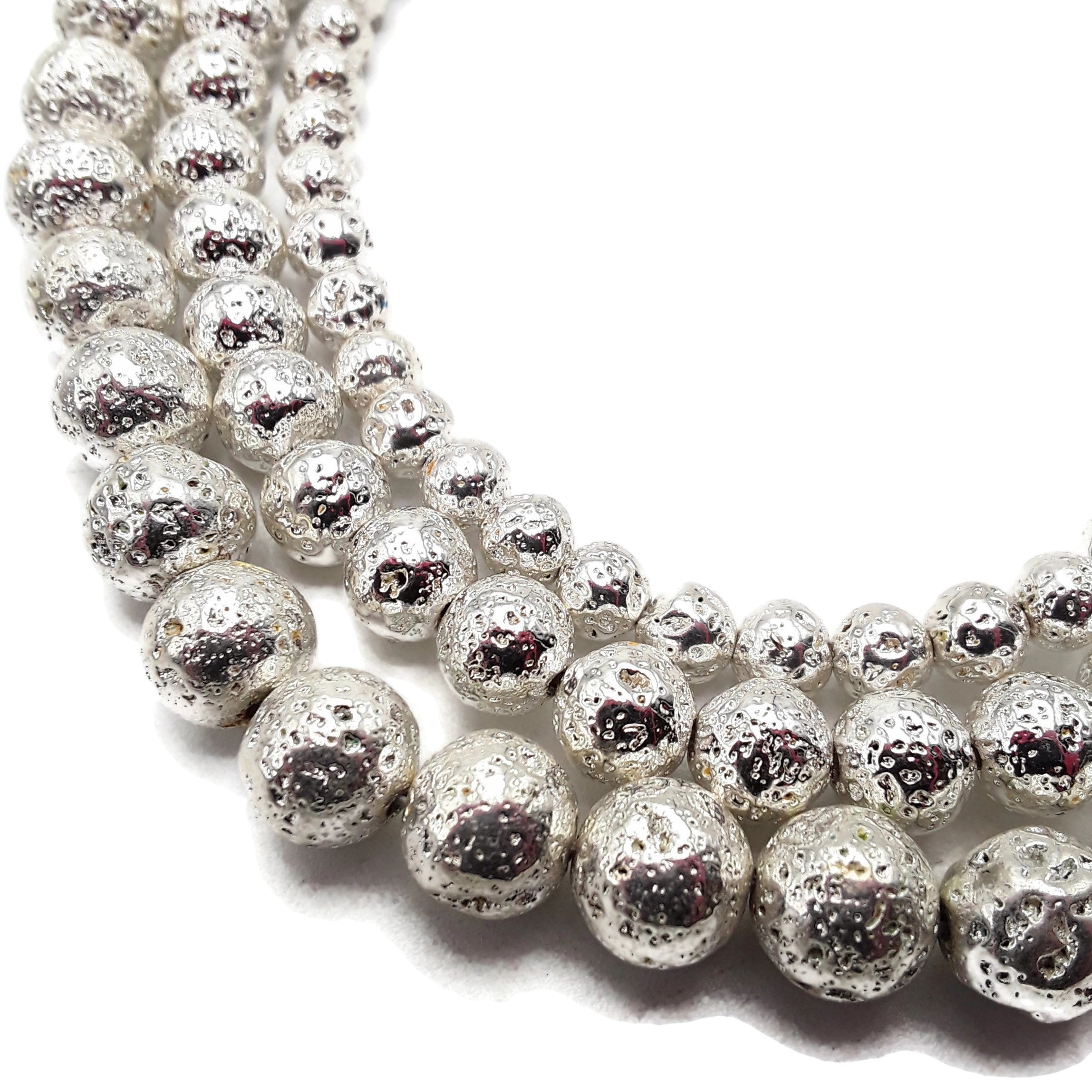 Bright Silver Electroplated Lava Rock Stone Beads - 6mm 8mm 10mm 15.5 Inch Strands for Jewelry Making, DIY Bracelets, Necklaces & Craft Projects - Perfect for Bohemian Style Accessories