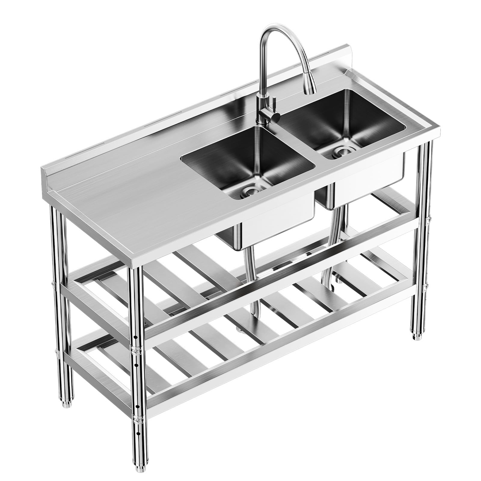 47in Stainless Steel Double Bowl Laundry Sink - Heavy Duty Freestanding Commercial Kitchen Sink Set for Restaurant, Bar, Garage & Backyard | Durable Utility Sink for Washing Clothes, Food Prep & Outdoor Cleaning