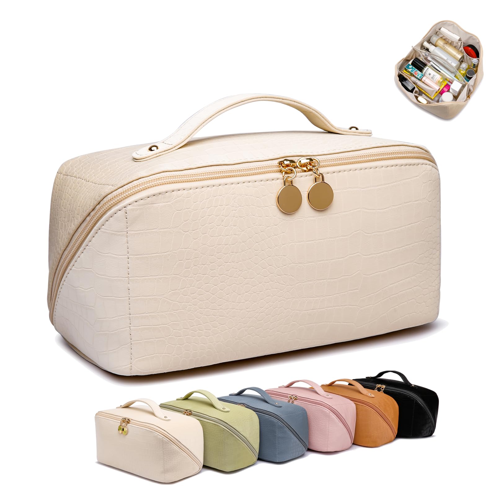 Large Waterproof Leather Makeup Bag for Women - Travel Cosmetic Organizer with Roomy Capacity, Portable Toiletry Bag for Girls | Perfect for Vacation, Gym & Daily Essentials Storage