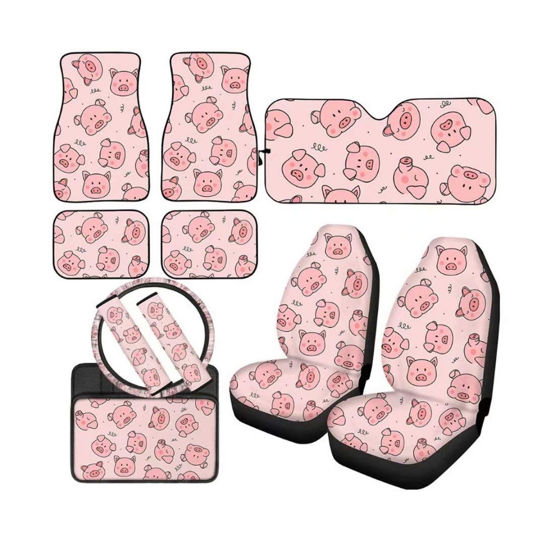 Dellukee 11-Piece Pig Print Car Interior Accessories Set - Seat Covers, Console Cover, Floor Mats, Sunshade & Steering Wheel Cover for Sedan & SUV | Perfect for Daily Commute & Road Trips