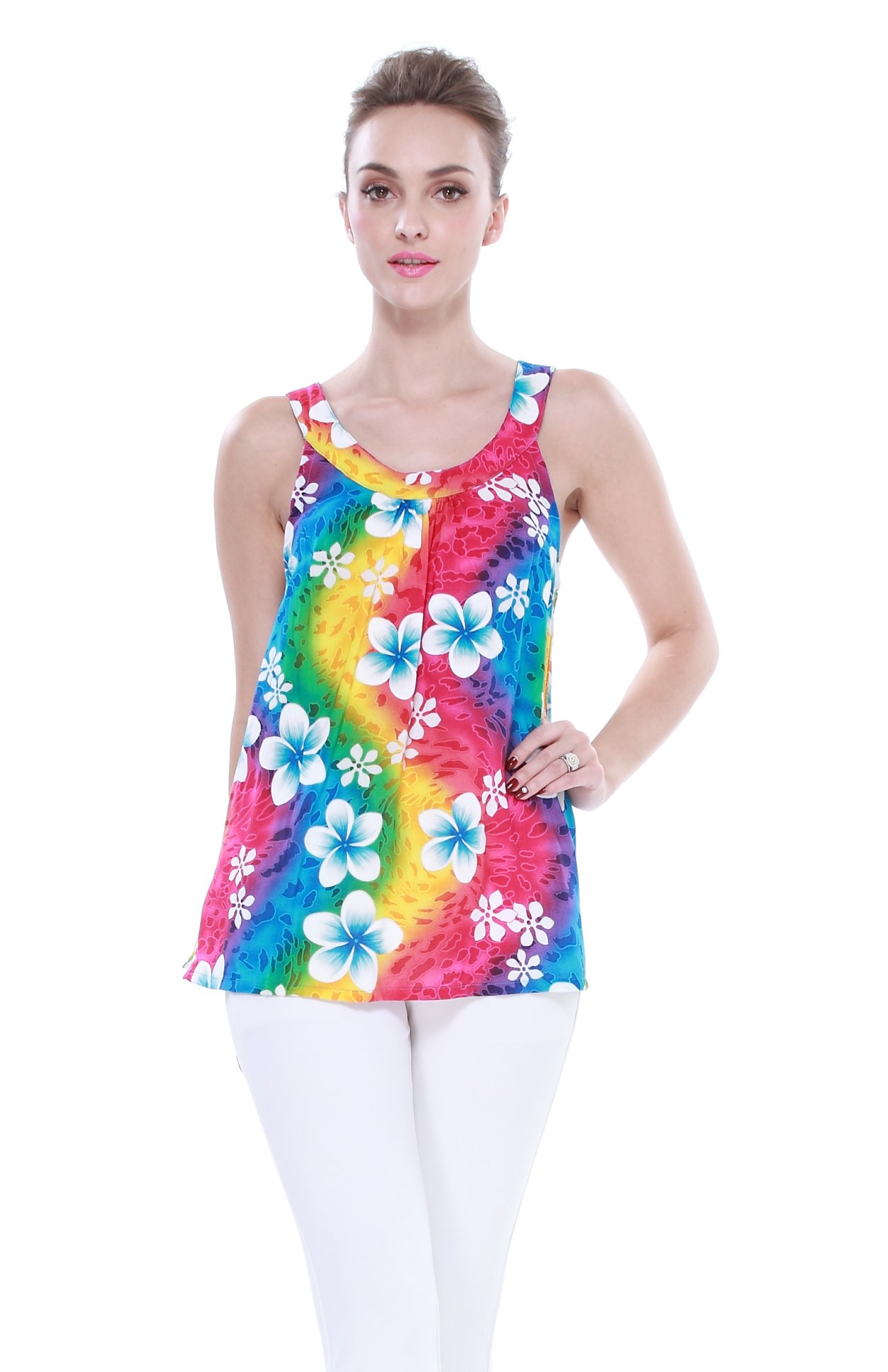 Aloha Fashion Women's Hawaiian Floral Tank Top - Rainbow Tropical Print Summer Beachwear for Vacation, Luau Party & Casual Outfits