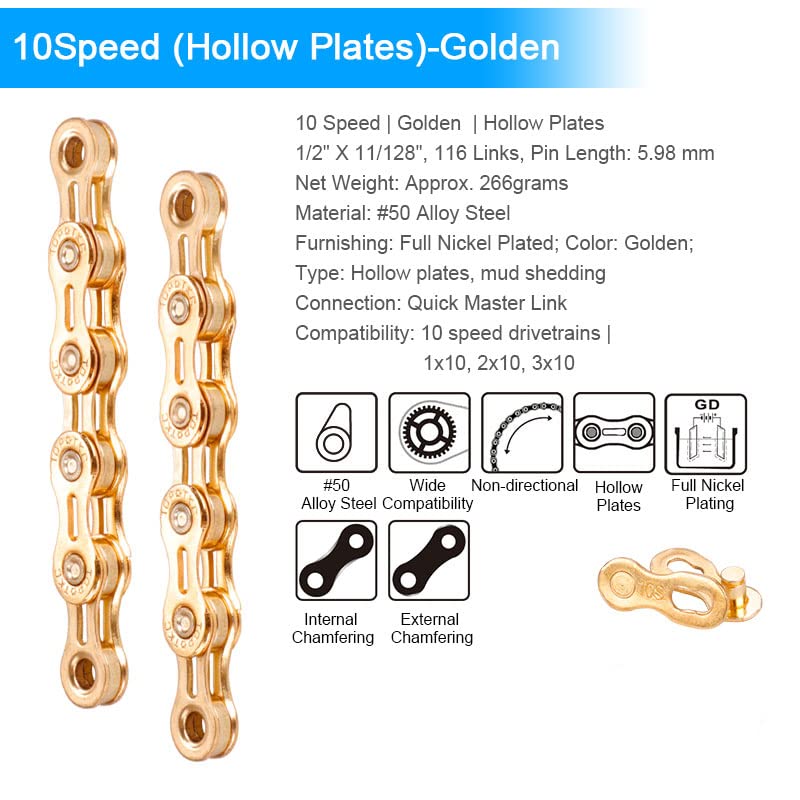10 Speed Bicycle Chain - 116 Links with Spare Master Links, Hollow Lightweight Design for Mountain, Folding & E-Bikes (Golden) - Perfect for Commuting, Trail Riding & Urban Cycling