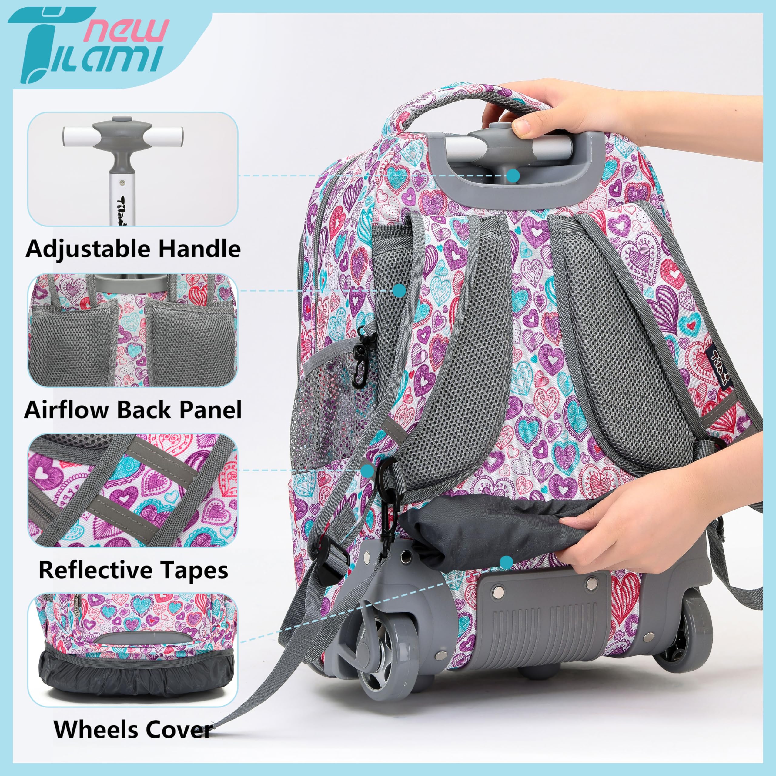 TILAMI 18 Inch Rolling Backpack for Kids - Wheeled Laptop Backpack with Extendable Handle, Durable School Backpack for Travel, College & Airplane Carry-On (Ideal for School, Commuting & Family Trips)
