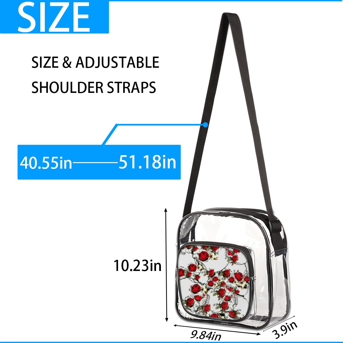 Red Rose Pattern Clear Crossbody Purse Bag - Floral Transparent Shoulder Bag for Women & Men | Stadium Approved Clear Purse for Concerts, Festivals, Sports Events | Perfect for Music Festivals, Theme Parks & Security Checkpoints