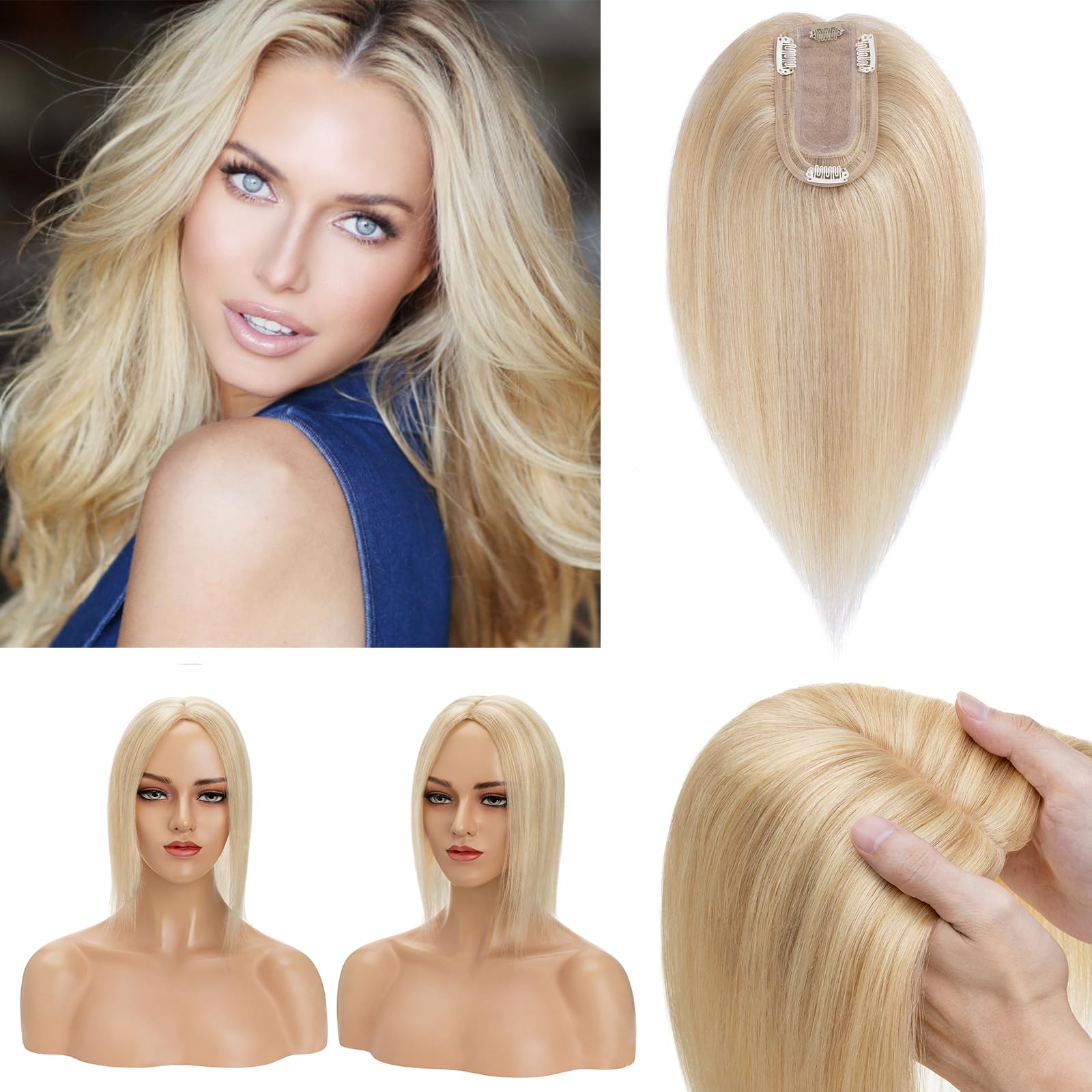 Benehair 150% Density Silk Base Hair Toppers for Women - 100% Real Human Hair Clip-In Topper for Thinning Hair & Hair Loss | 14 Inch No Bangs Light Blonde & Bleach Blonde | Perfect for Daily Wear, Special Occasions & Hair Volume Enhancement