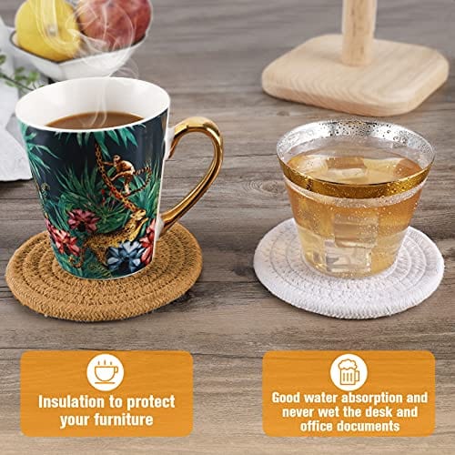 6Pcs Handmade Braided Cotton Drink Coasters - 4.3 Inch Round, Super Absorbent & Heat Resistant - Stylish Home Bar Accessories for Coffee, Wine & Cocktails - Perfect Housewarming Gift (Brown)