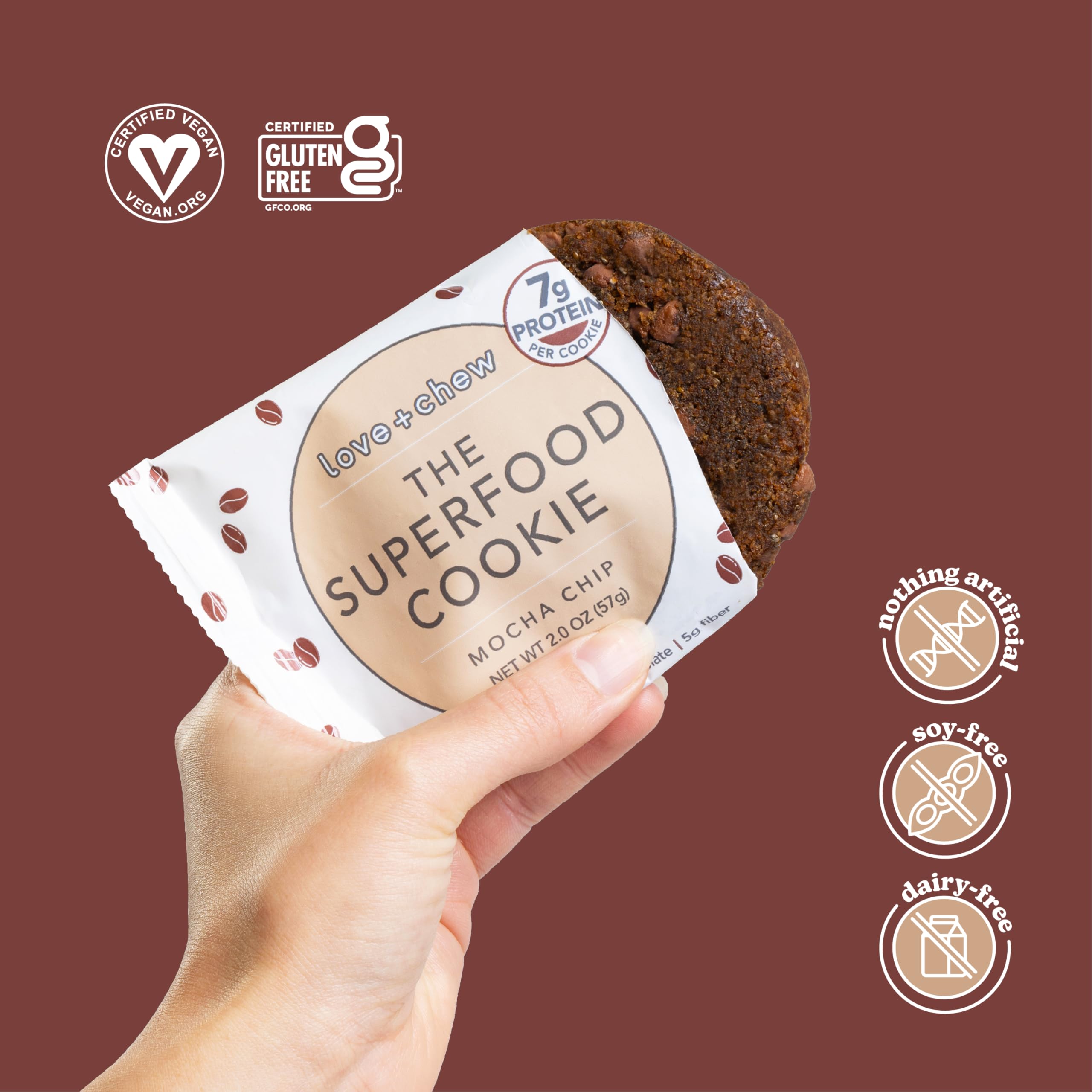 Love + Chew Gluten-Free Vegan Mocha Chip Cookies - High Protein Almond Snacks, Paleo & Non-GMO - Individually Wrapped, Soft Baked (2oz Each, 60 Count Bulk Box) - Perfect for Office Snacks, School Lunches & Healthy On-the-Go Treats