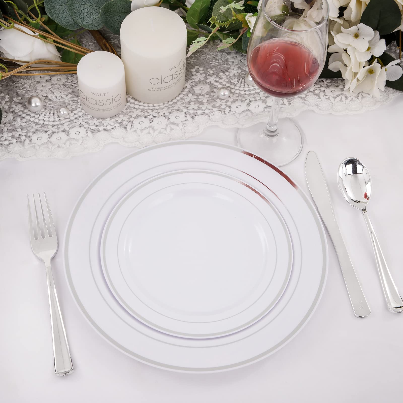 WELLIFE 200-Piece Silver Plastic Party Plates Set - Disposable Dinnerware for Events, Includes 40 Dinner Plates, 40 Dessert Plates & 40 Silver Plastic Cutlery - Perfect for Weddings, Birthdays & Catering Events