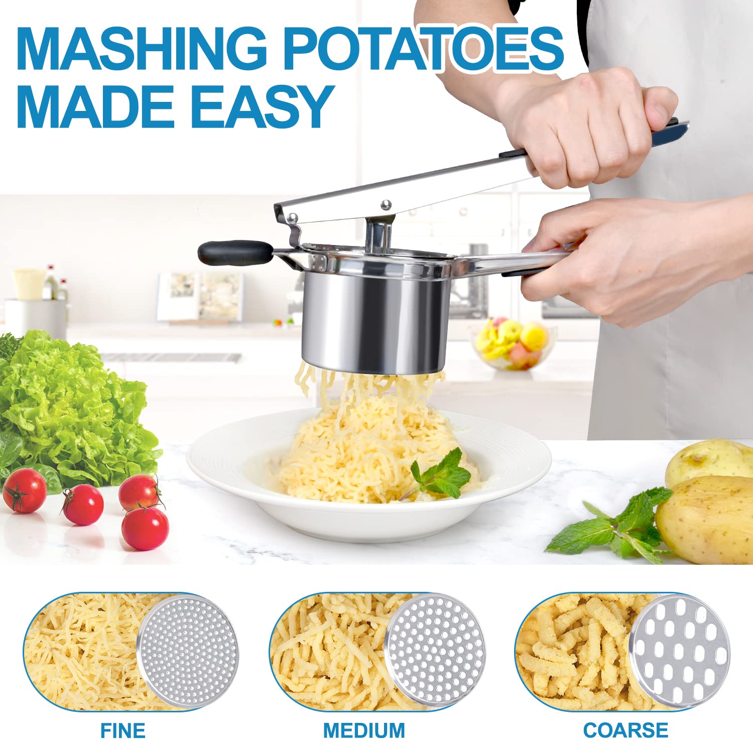 **Sopito Stainless Steel Potato Ricer & Masher with 3 Interchangeable Discs – Heavy Duty Kitchen Tool for Pressing, Mashing – Perfect for Mashed Potatoes, Baby Food & Purees**