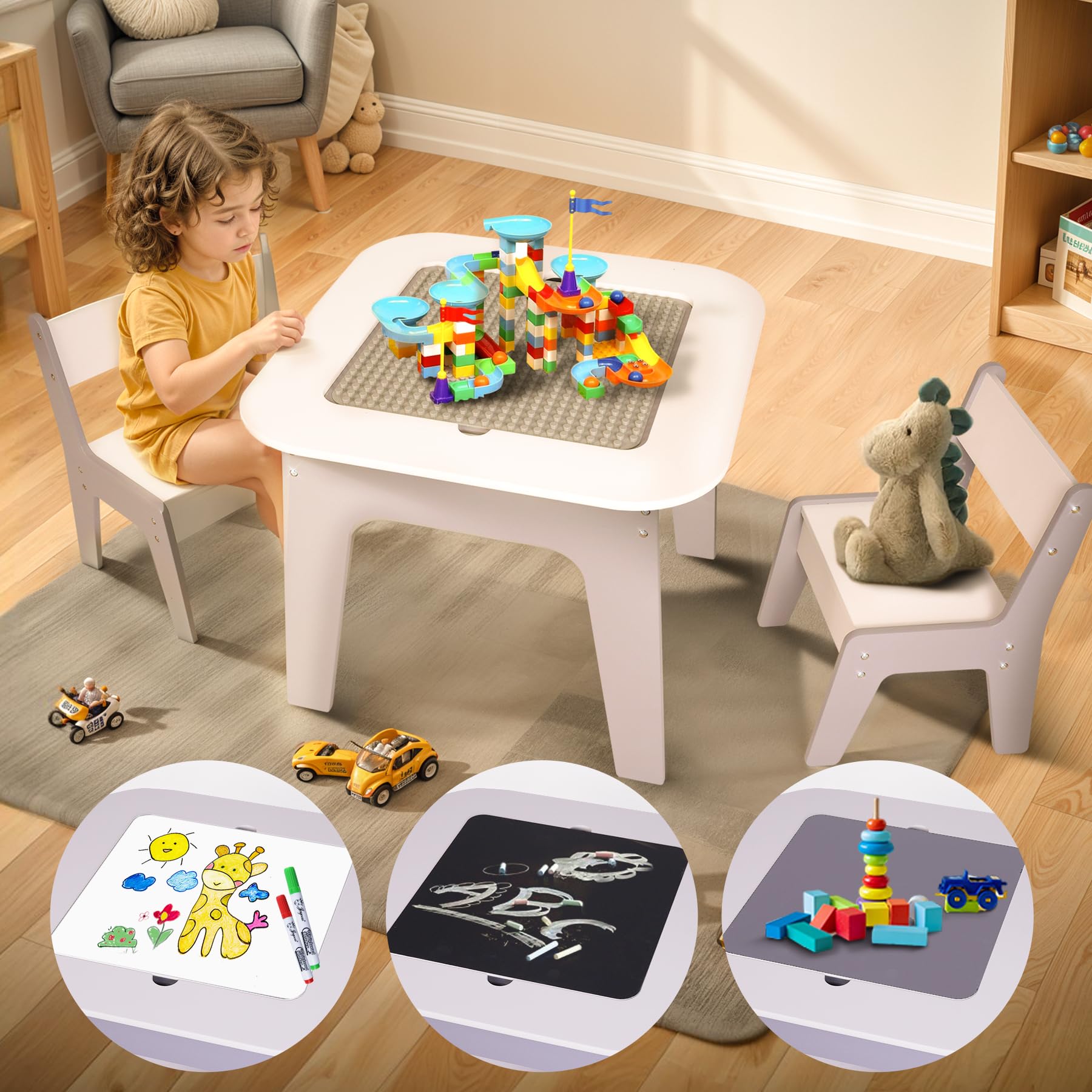JOYOOSS 4-in-1 Wooden Toddler Table & Chair Set with Storage Drawers - Kids Construction Train Play Table, Lego & Duplo Compatible - Perfect for Preschool Learning, Playroom & Daycare Activities