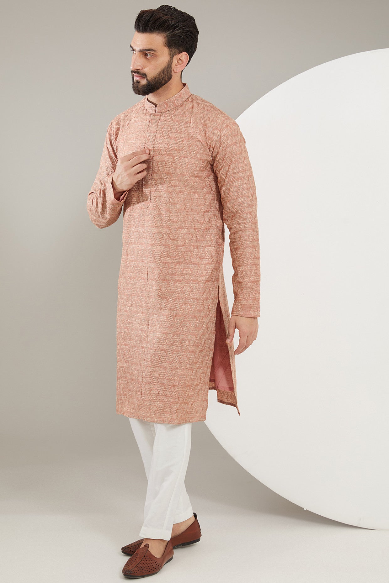 Stylish Peach Geometric Embroidered Kurta for Women - Boho Chic Ethnic Tunic Top - Perfect for Festivals, Parties & Casual Wear