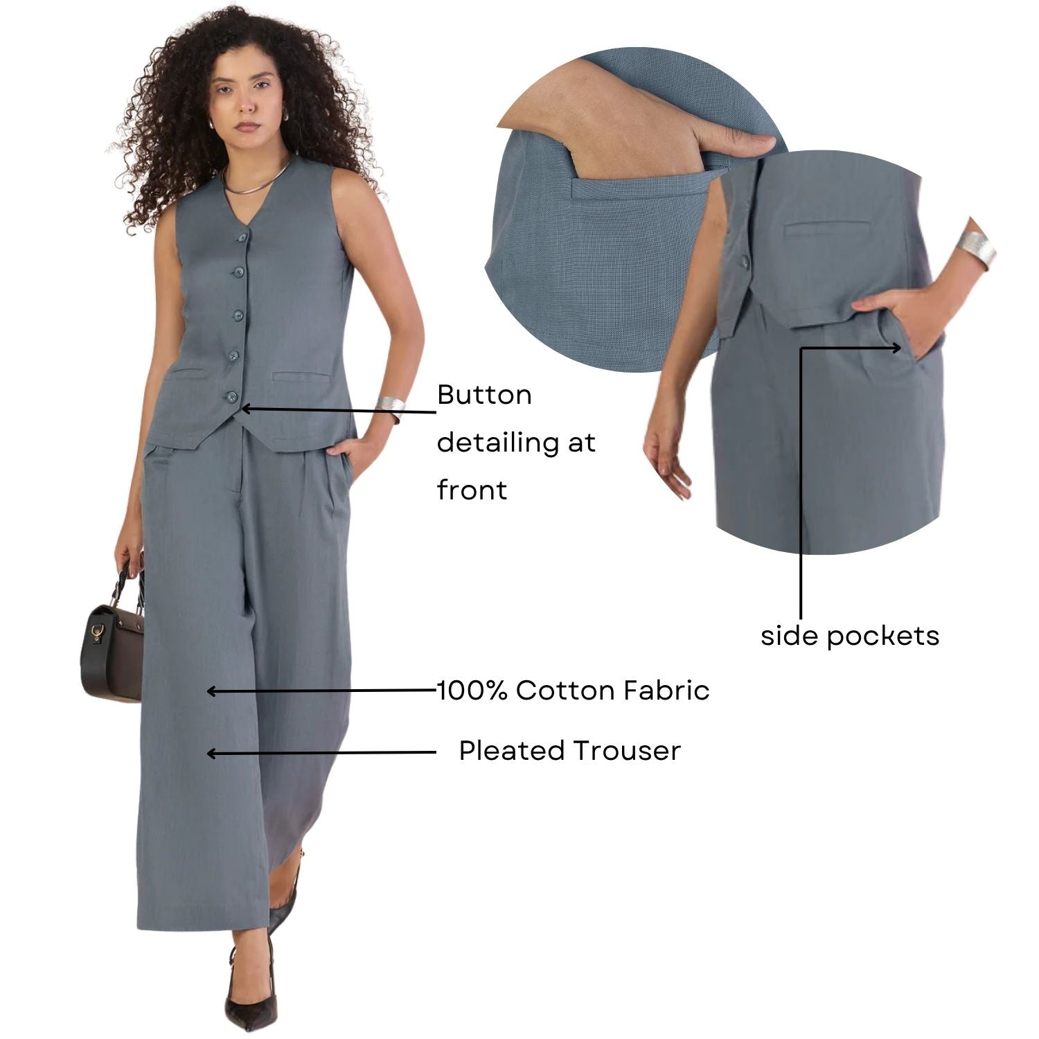 Stylish Grey V-Neck Button Closure Vest with Double Pleats - Relaxed Fit Cotton Co-Ord Set for Women | Perfect for Casual Outings, Office Wear & Layering