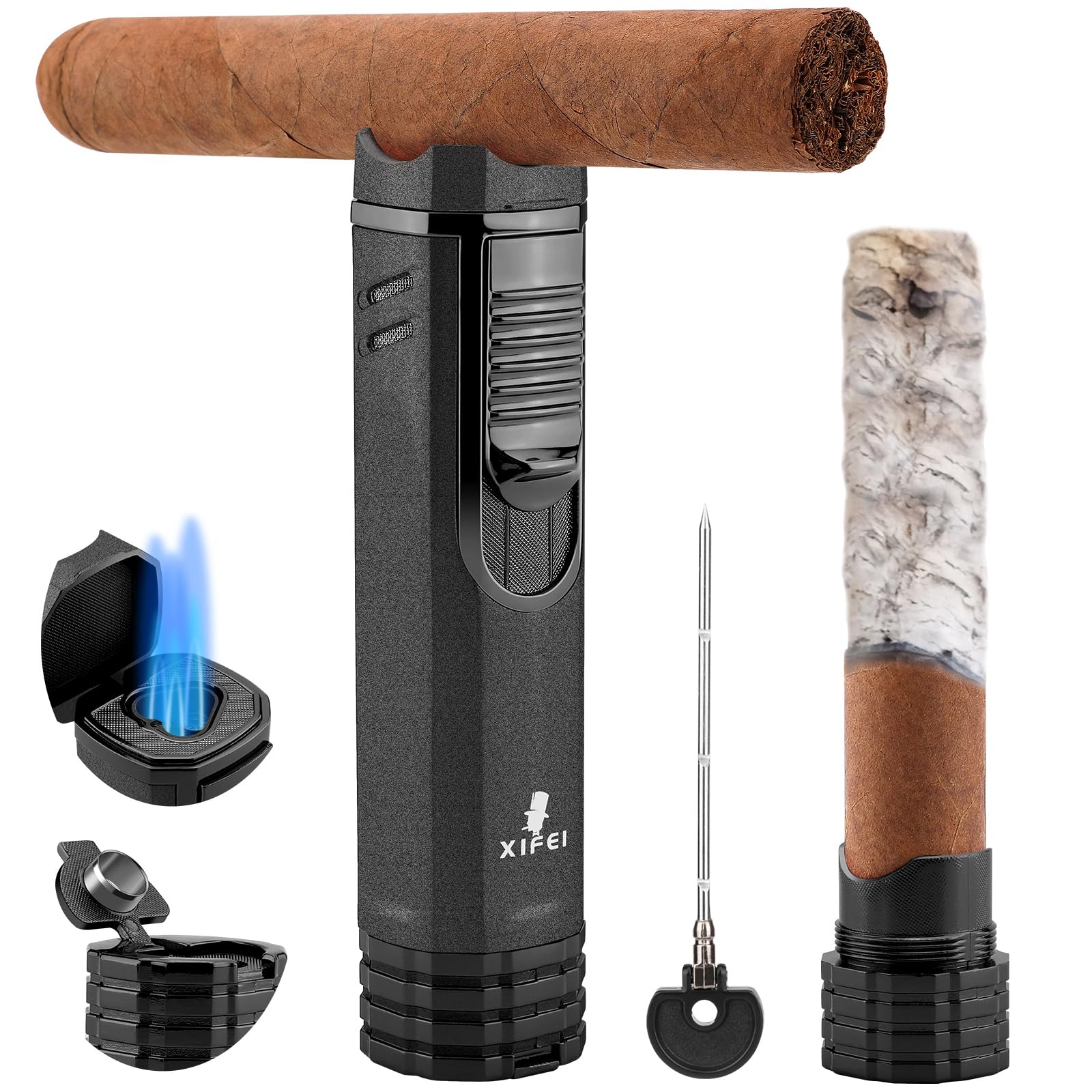 Premium 4-in-1 Refillable Butane Torch Lighter with 3-Angled Jet Flames, Cigar Puncher & Draw Enhancer - Sand Black | Perfect for Cigar Aficionados, Outdoor Smoking & Luxury Gifts