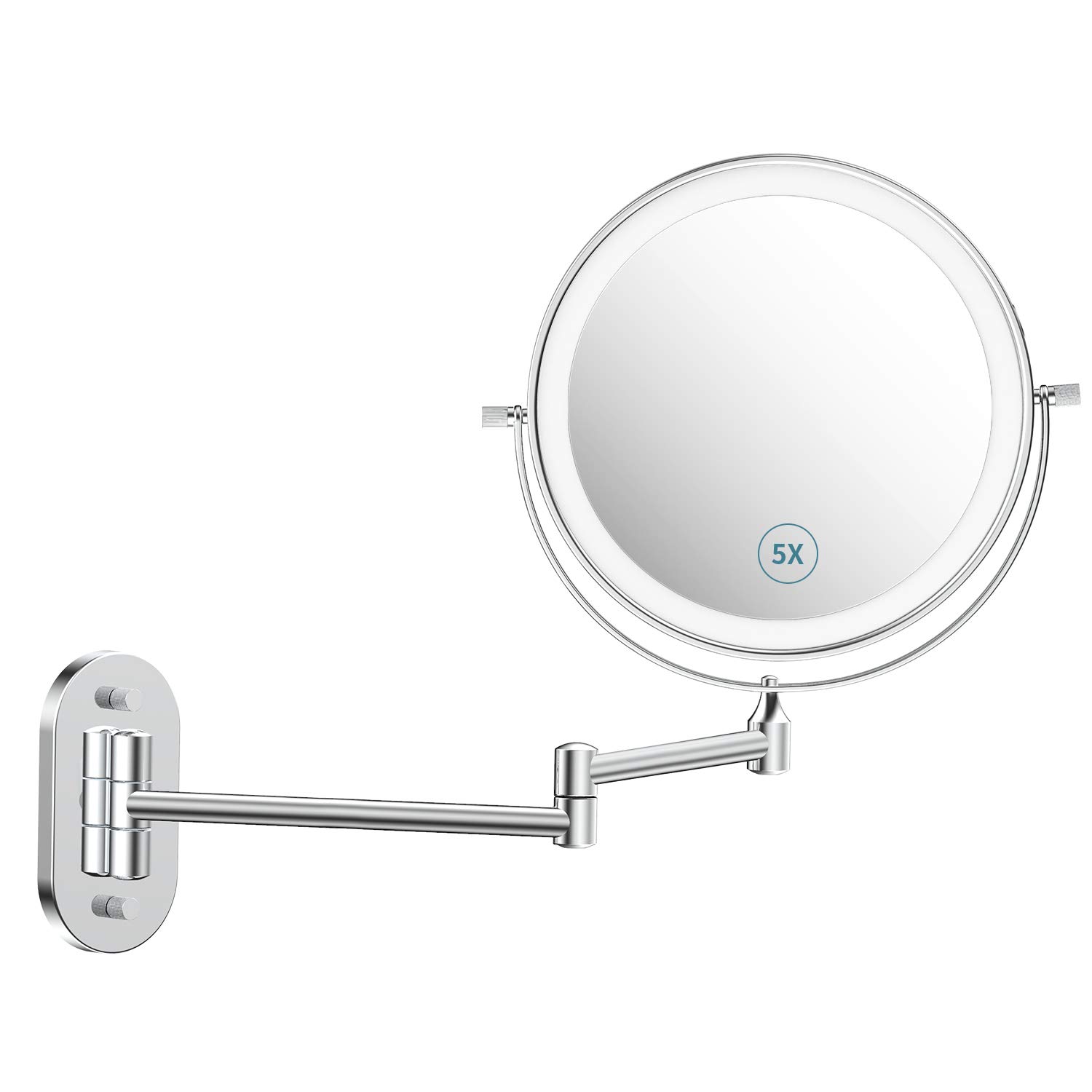 ALVOROG 8 Inch Rechargeable Wall Mounted LED Makeup Mirror - 3 Color Lighting, 1X/5X Magnifying, 360° Rotation, Smart Dimming & Auto Shutoff - Perfect for Bathroom Vanity, Dressing Room & Bedroom Makeup Station