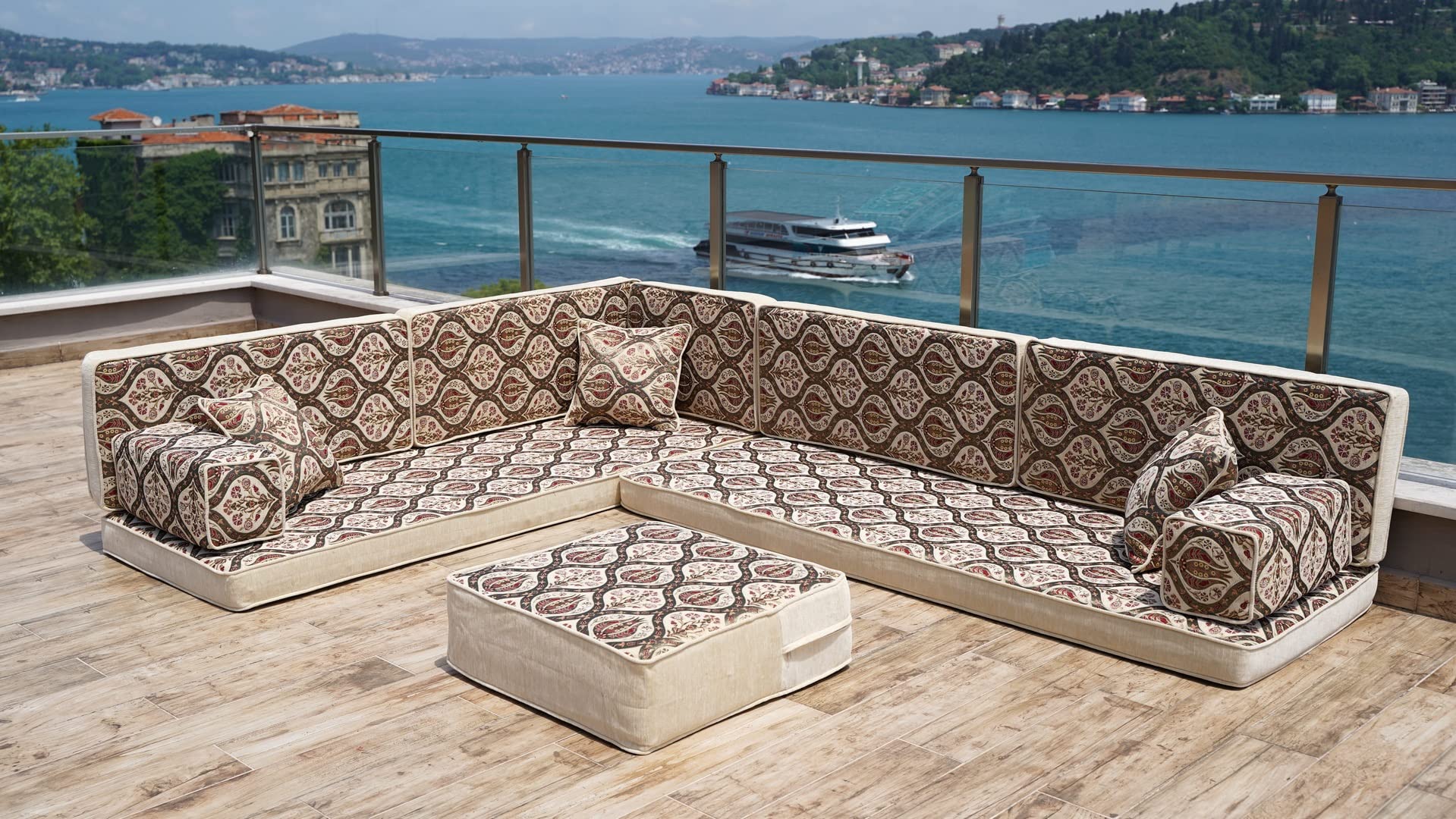 Handmade L-Shaped Arabic Floor Sofa Set - Traditional Moroccan Majlis Seating with Ottoman | Turkish & Middle Eastern Style Sectional Couch for Living Room, Lounge, and Cultural Gatherings