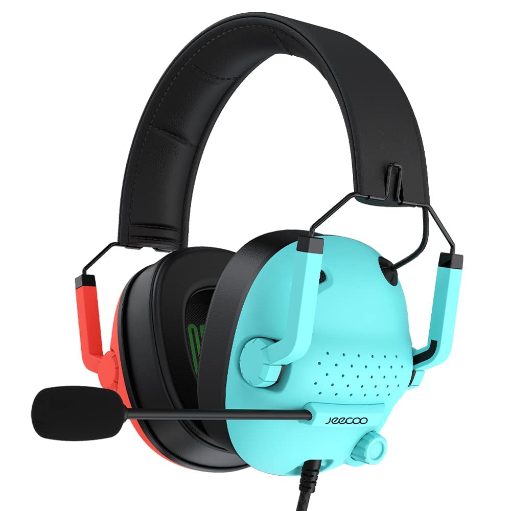 Jeecoo J50 Gaming Headset for PC, PS5, PS4, Xbox One, Switch - Stereo Sound Headphones with Noise-Canceling Mic, Foldable & Lightweight Design for Comfortable Gaming - Compatible with Laptop & Mobile Devices (Red & Blue) - Perfect for Online Gaming, Streaming & Video Calls