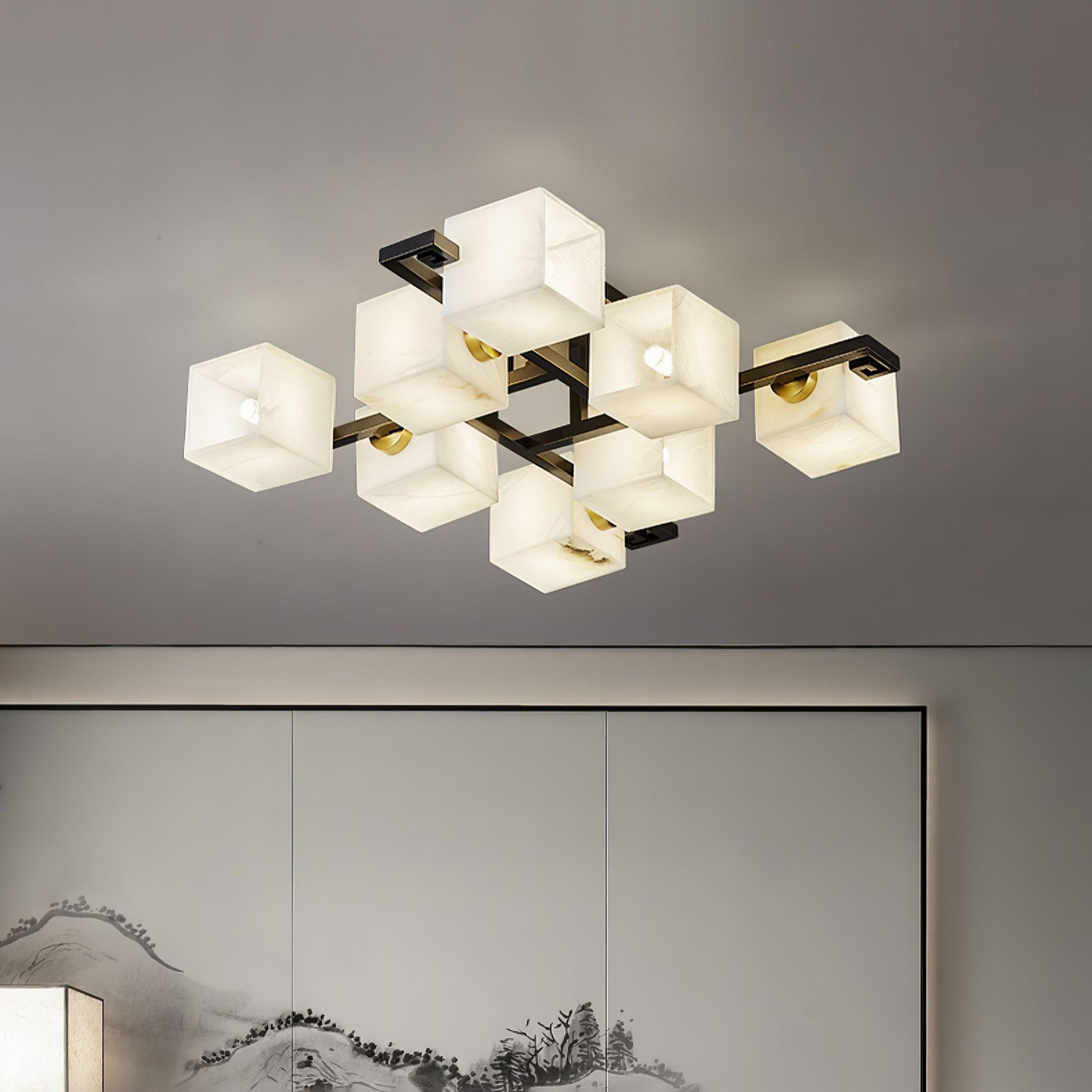 Modern Cubist Alabaster Cluster Ceiling Light - Geometric Chandelier for Dining Room, Living Room & Bedroom Lighting