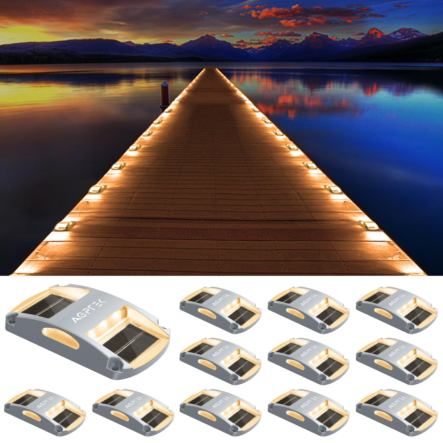 AGPTEK 12 Pack Solar Driveway Lights - Waterproof Outdoor LED Deck & Dock Lights for Pathway, Garden, Yard, Sidewalk - Solar Powered Marine Lights for Warning & Step Safety - Perfect for Nighttime Visibility and Landscape Lighting