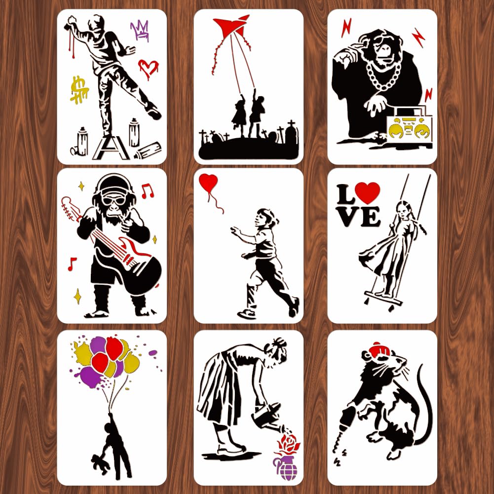 INFUNLY 9-Piece Banksy Themed Art Stencil Kit - Reusable Street Graffiti Templates for Wall, Tile, Canvas & Furniture Painting (11.6x8.2