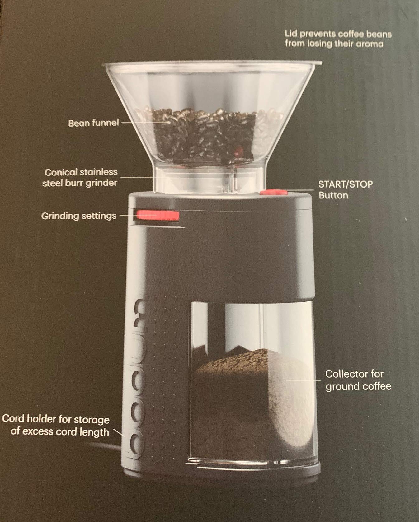 Bodum Bistro Standard Conical Burr Electric Coffee Grinder - 12 Inch Black Coffee Bean Grinder for Espresso, French Press & Drip Coffee | Perfect for Home & Office Use