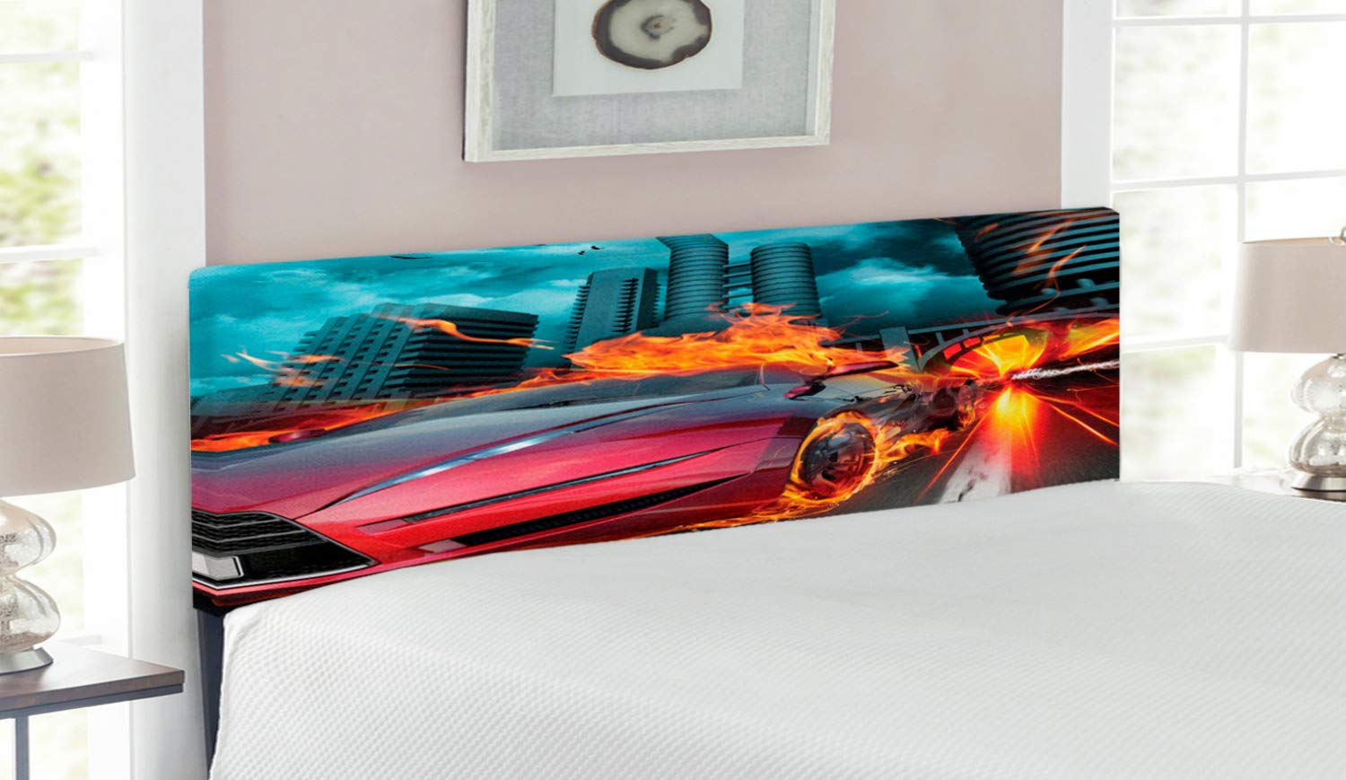 Ambesonne Cars Headboard - Hot Red Concept Car with Blazing Tires & Speeding Birds Design, Upholstered Decorative Metal Bed Frame with Memory Foam, Queen Size (Red/Orange/Blue) - Perfect for Race Car Themed Bedrooms & Modern Home Decor