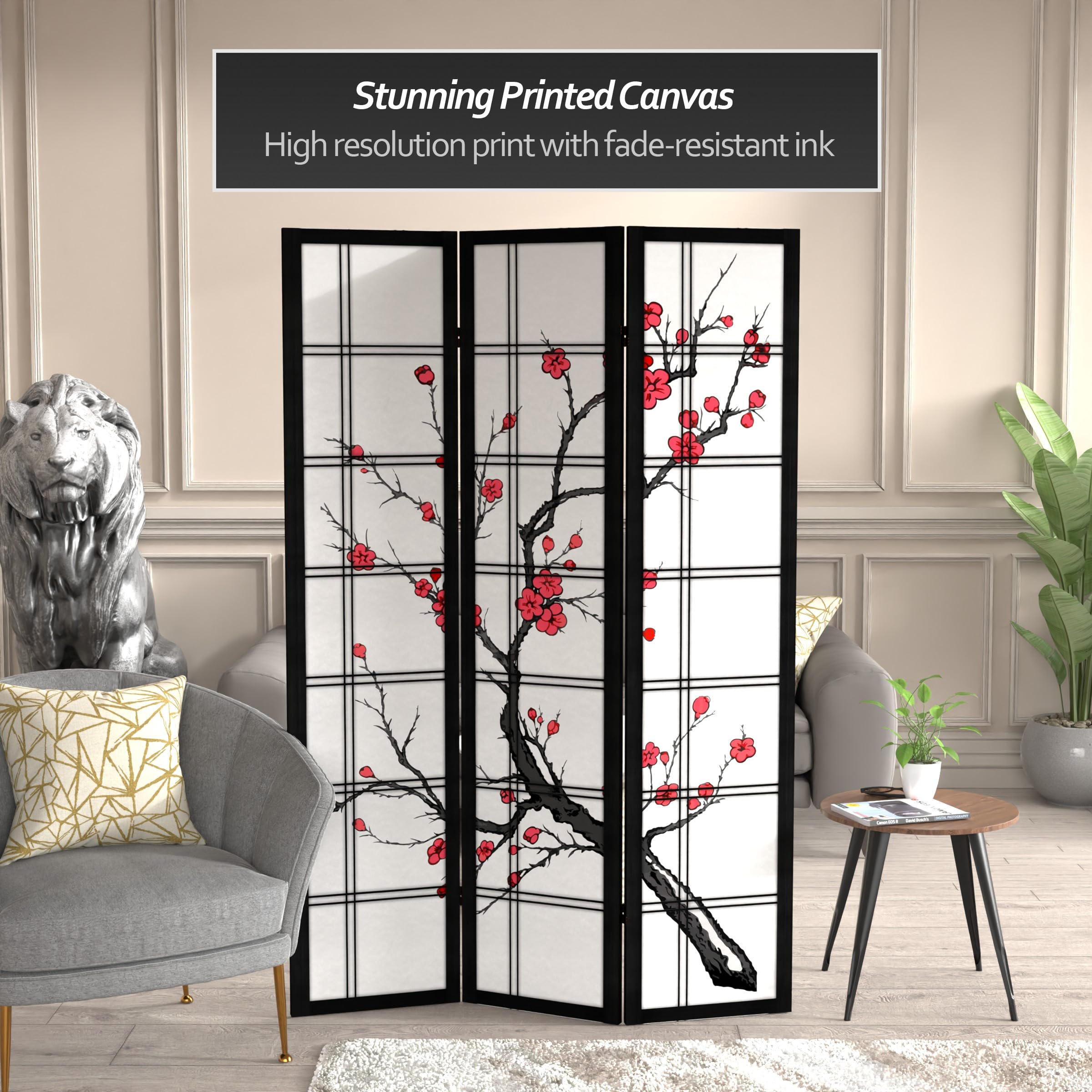 6 ft Tall Red Lantern Canvas Cherry Blossom Black Room Divider Screen - 3 Panel Folding Privacy Partition for Bedroom, Living Room, Office & Studio Decor