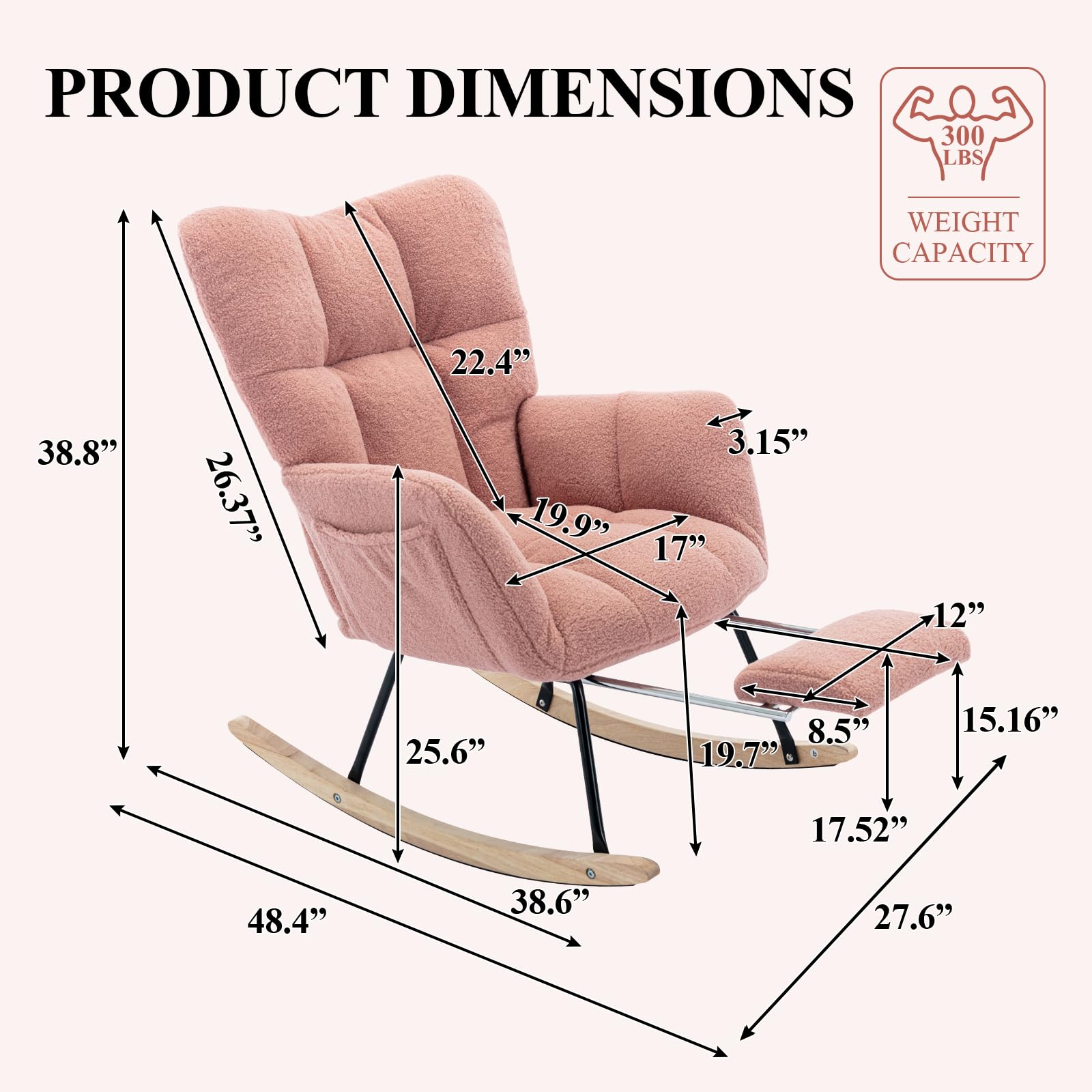 NIOIIKIT Nursery Rocking Chair - Teddy Upholstered Glider Chair with Adjustable Footrest, Padded Recliner & High Back Support - Pink Rocker Recliner for Nursery, Baby Room, Breastfeeding & Reading (Perfect for New Moms & Nursery Decor)