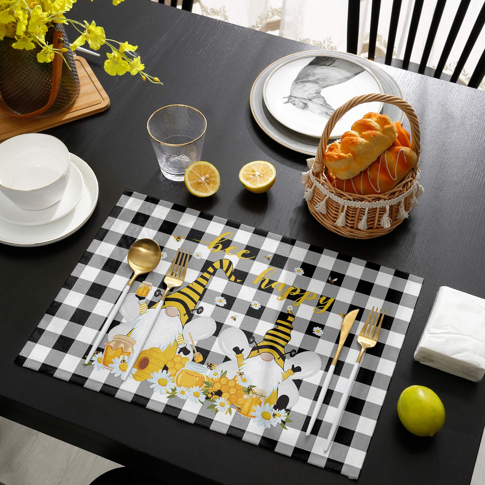 **Gnome Honey Daisy Bee Washable Placemats Set of 4 - 13