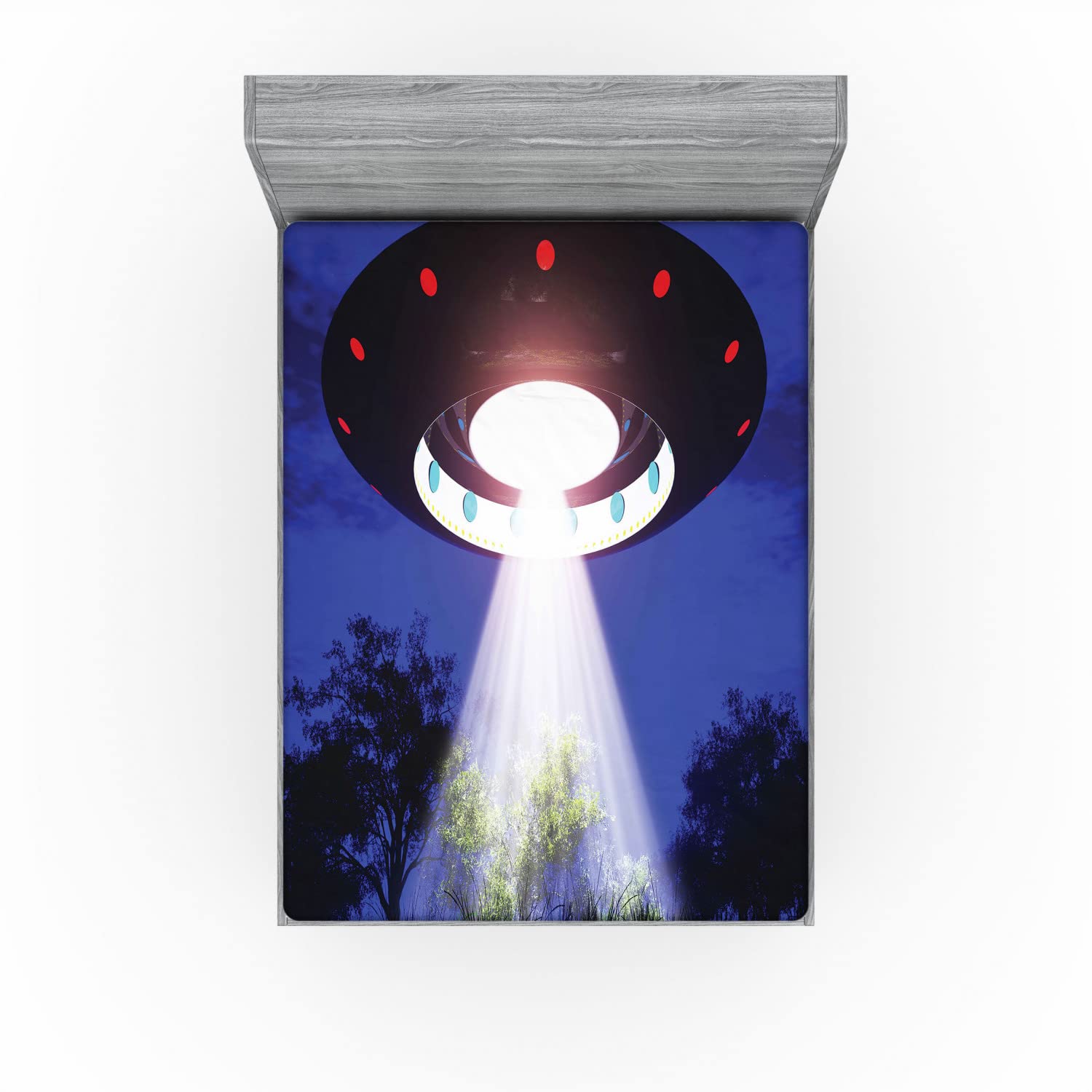Ambesonne UFO Fitted Queen Sheet - Sci-Fi Alien Space Travel & Woodland Night Scene Design - Deep Pocket Elastic All Around for Comfort - Perfect for Themed Bedrooms, Dorm Rooms & Space Enthusiasts