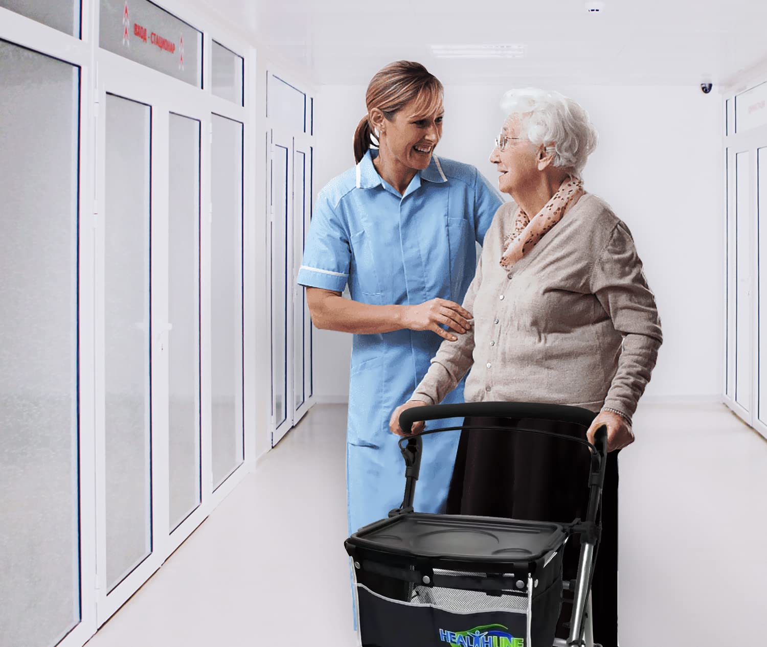 HEALTHLINE Lightweight 4-Wheel Rollator Walker for Seniors - Heavy Duty Mobility Aid with Storage Basket & Tray - Narrow Design Fits Through Doorways - Indoor Use for Elderly (White) - Perfect for Home, Hospital, and Assisted Living Facilities