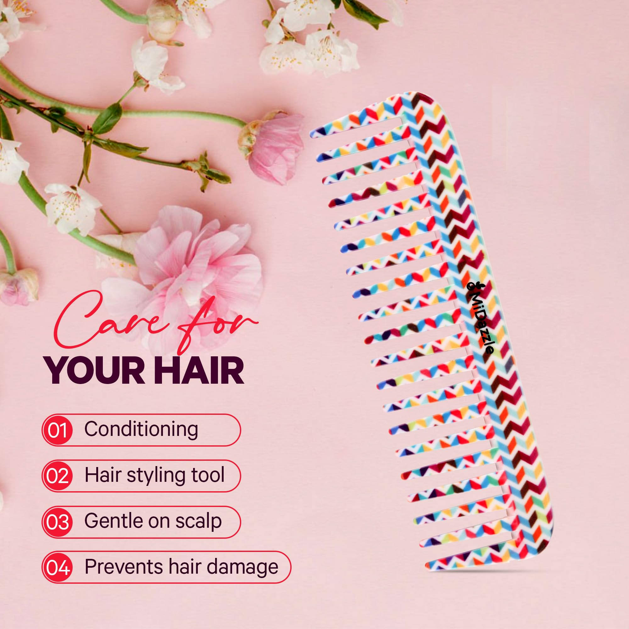 Midazzle 360 Floral Shampoo Comb - Medium Hair Detangling Brush for Wet & Dry Hair - Perfect for Salon, Home Use & Travel