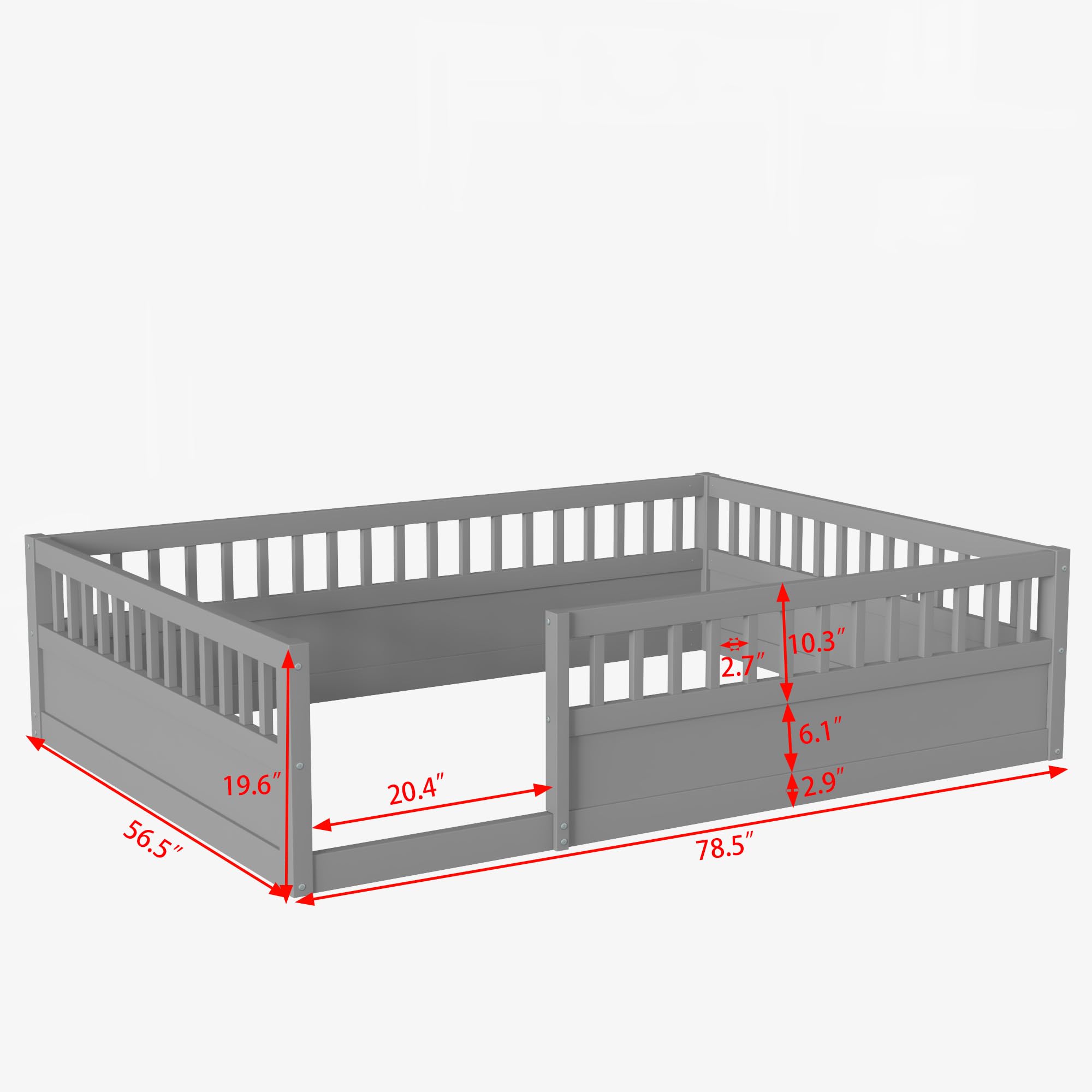 Montessori Floor Bed for Kids - Full Size Wooden Toddler Bed with Safety Fence | Gray Children's Bed Frame for Bedroom & Playroom | Safe Sleeping & Play Space for Toddlers 1-5 Years Old