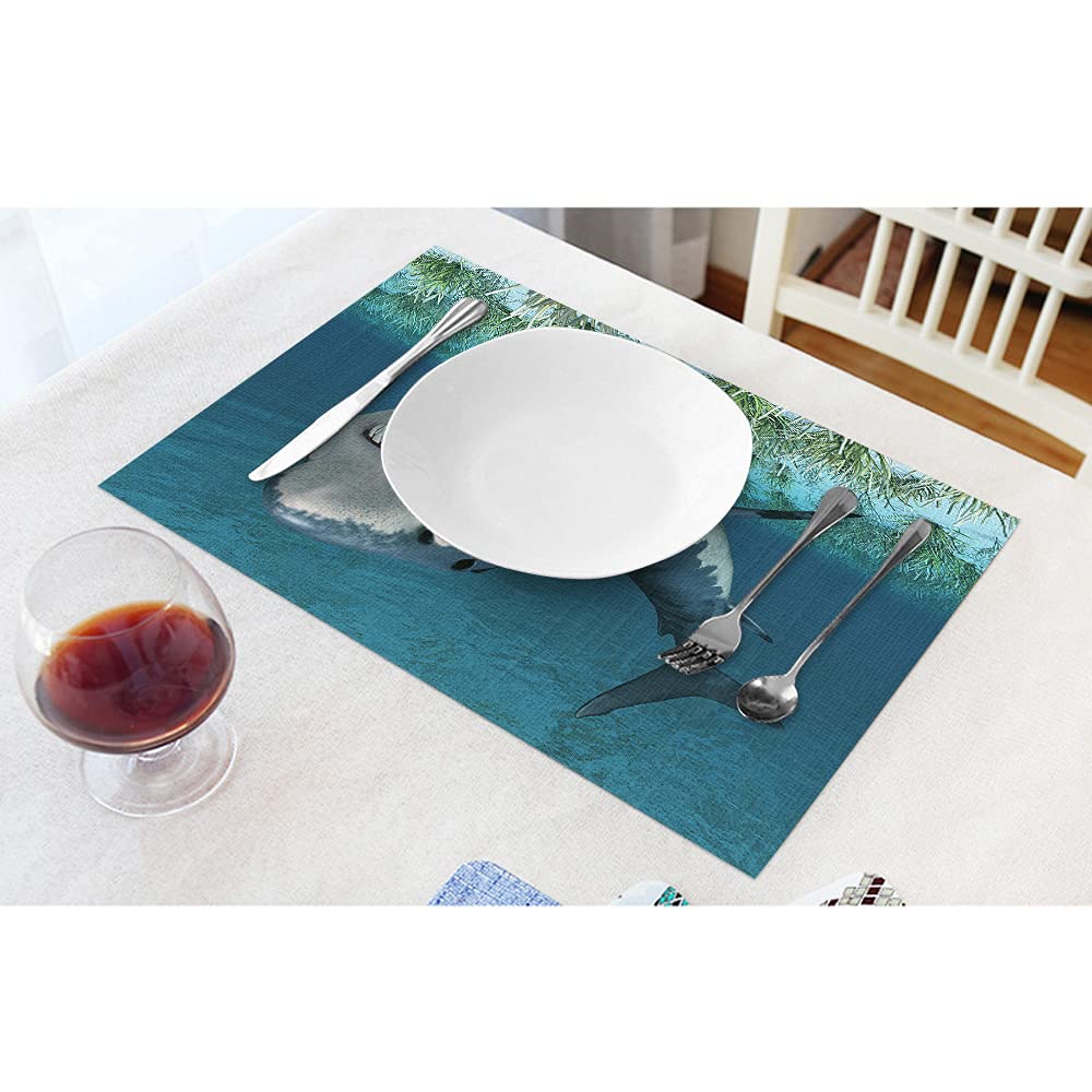 WONDERTIFY 3D Great White Shark Placemats Set of 4 - Large 12x18 Inch Heat & Stain Resistant Dining Table Mats with Underwater Predator Attack Design - Perfect for Ocean Theme Parties, Kitchen Decor & Shark Lovers