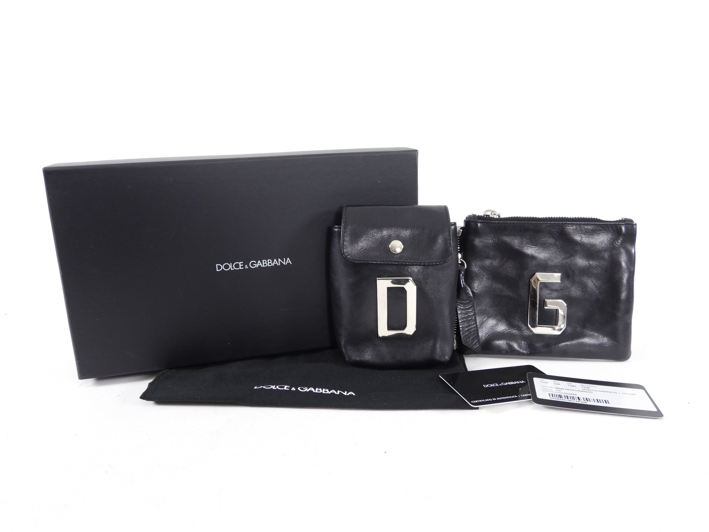 Dolce & Gabbana Black Leather Zip Pouch with Initial - Perfect for Travel, Cosmetics & Everyday Essentials