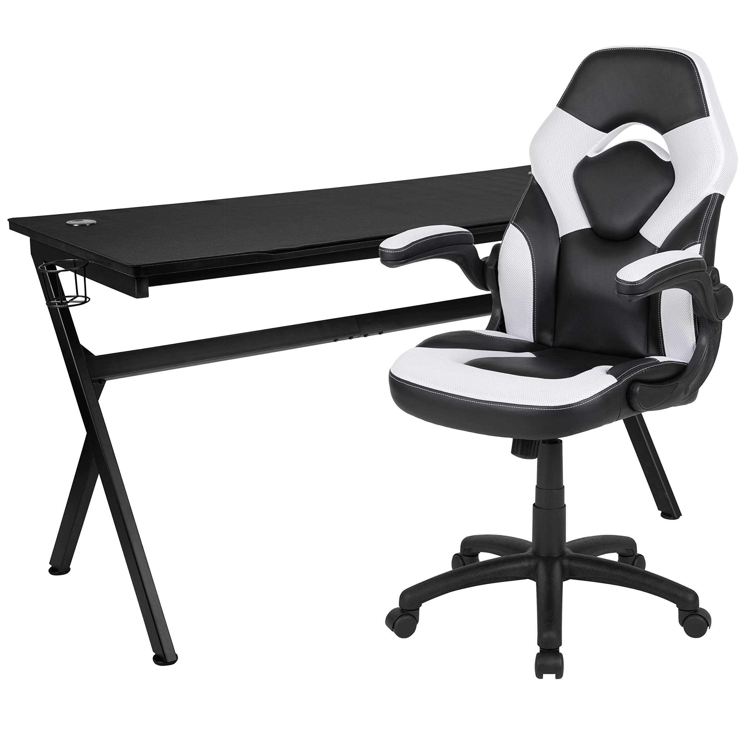 Premium Gaming Desk & Ergonomic Racing Chair Set - Black/White with Cup Holder, Headphone Hook & Removable Mouse Pad - 2 Cable Management Holes - Perfect for Esports, Streaming & Home Office Setup