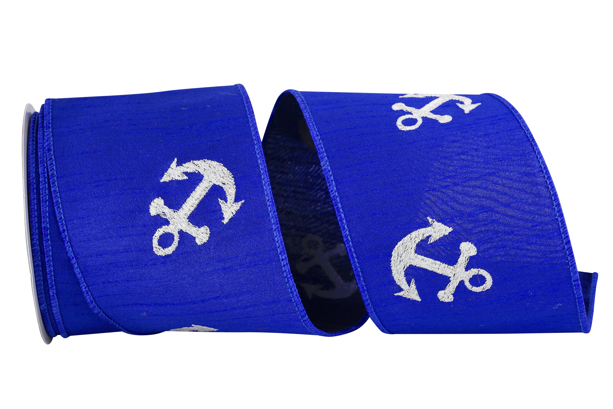 Reliant Ribbon Anchors Embroidered Wired Edge Ribbon - 4 Inch x 10 Yards, Royal Blue - Perfect for Gift Wrapping, Wedding Decorations, and DIY Craft Projects