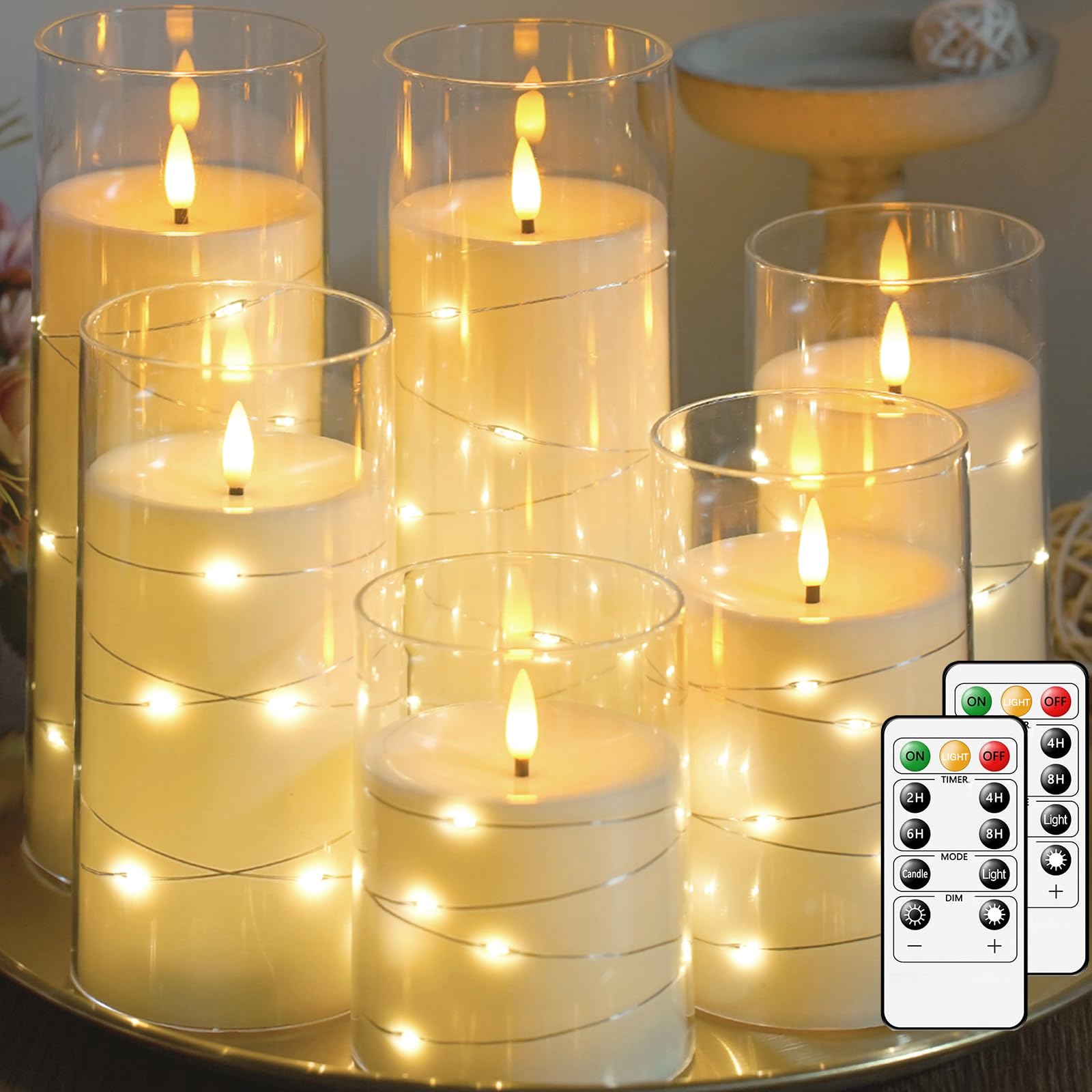 Lezonic 6-Pack Flameless LED Candles with Remote & Fairy Lights - for Home Decor & Weddings