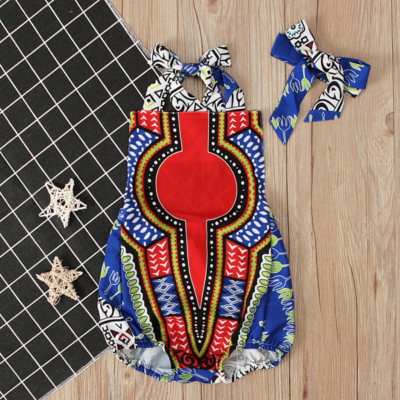 African Ankara Dashiki Baby Girl Romper - Sleeveless Traditional Jumpsuit with Headband | Newborn Spring Outfit in Blue | Perfect for Photoshoots, Christenings & Special Occasions