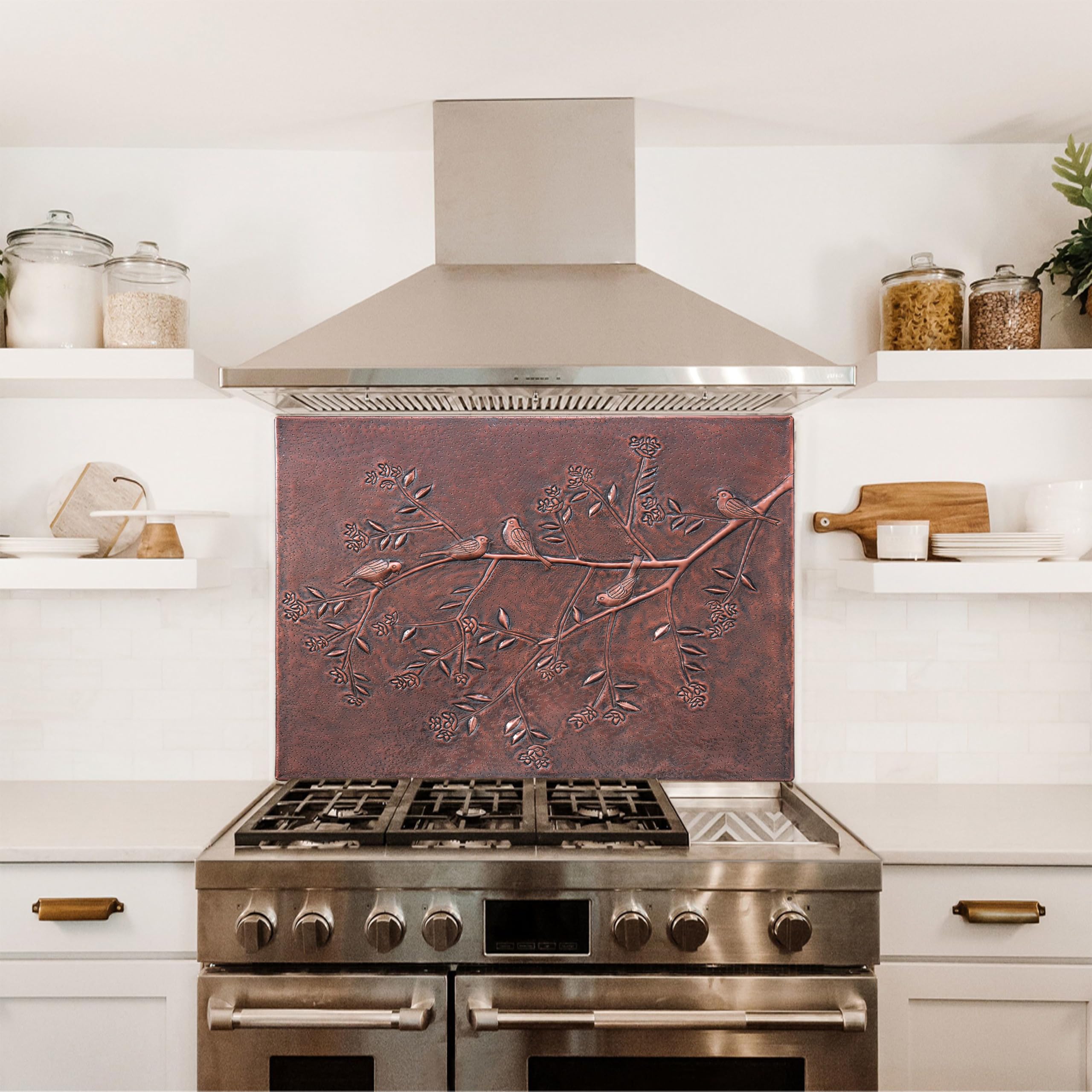 Custom Handmade Copper Backsplash Tile - Birds on Tree Branches Design for Kitchen & Bathroom Wall Decor | Indoor & Outdoor Use | Brown Finish