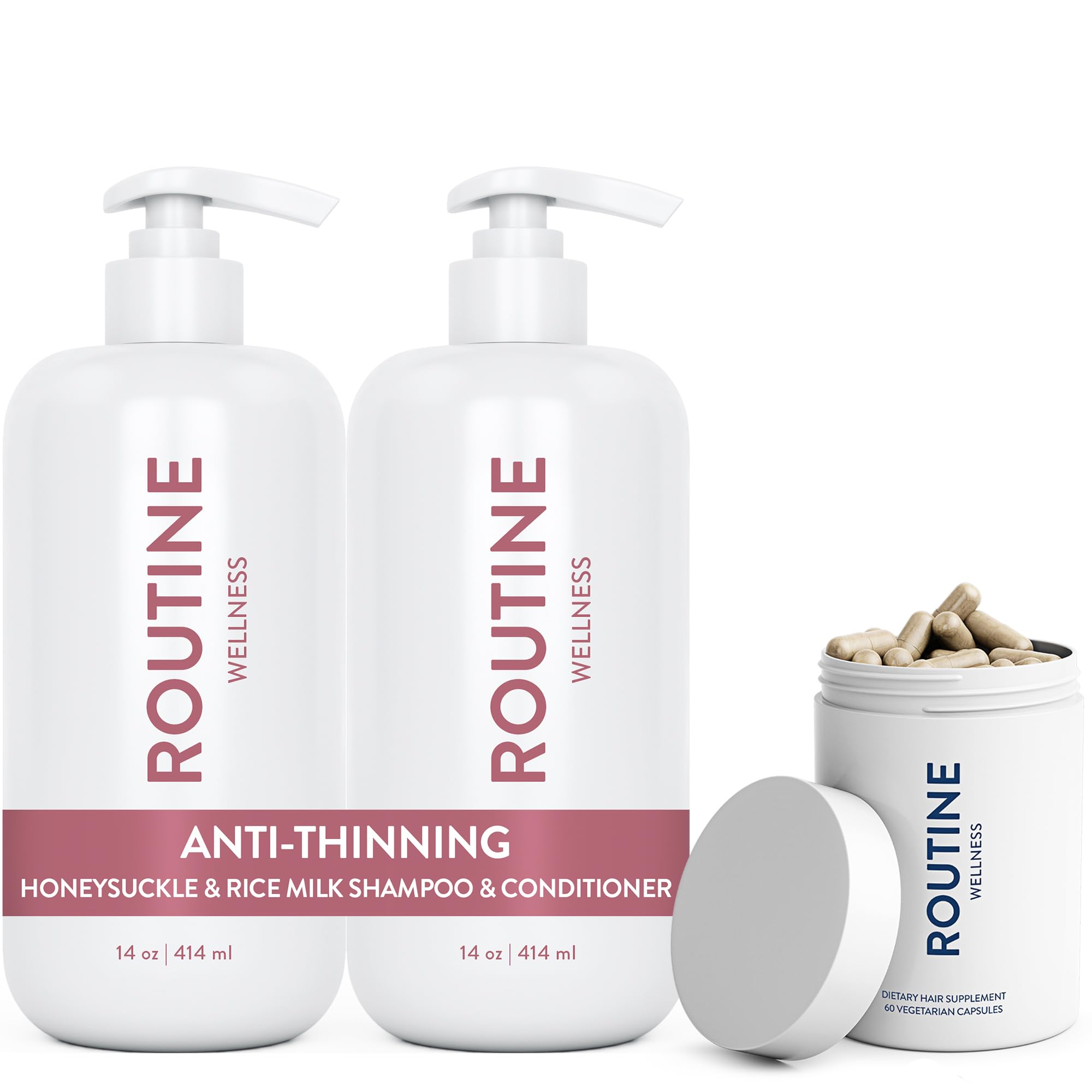 Routine Wellness Anti-Thinning Honeysuckle & Rice Milk Shampoo and Conditioner Set for Thinning Hair - Biotin Enriched Hair Growth Treatment - Volumizing & Strengthening Hair Care for Daily Use at Home or Salon