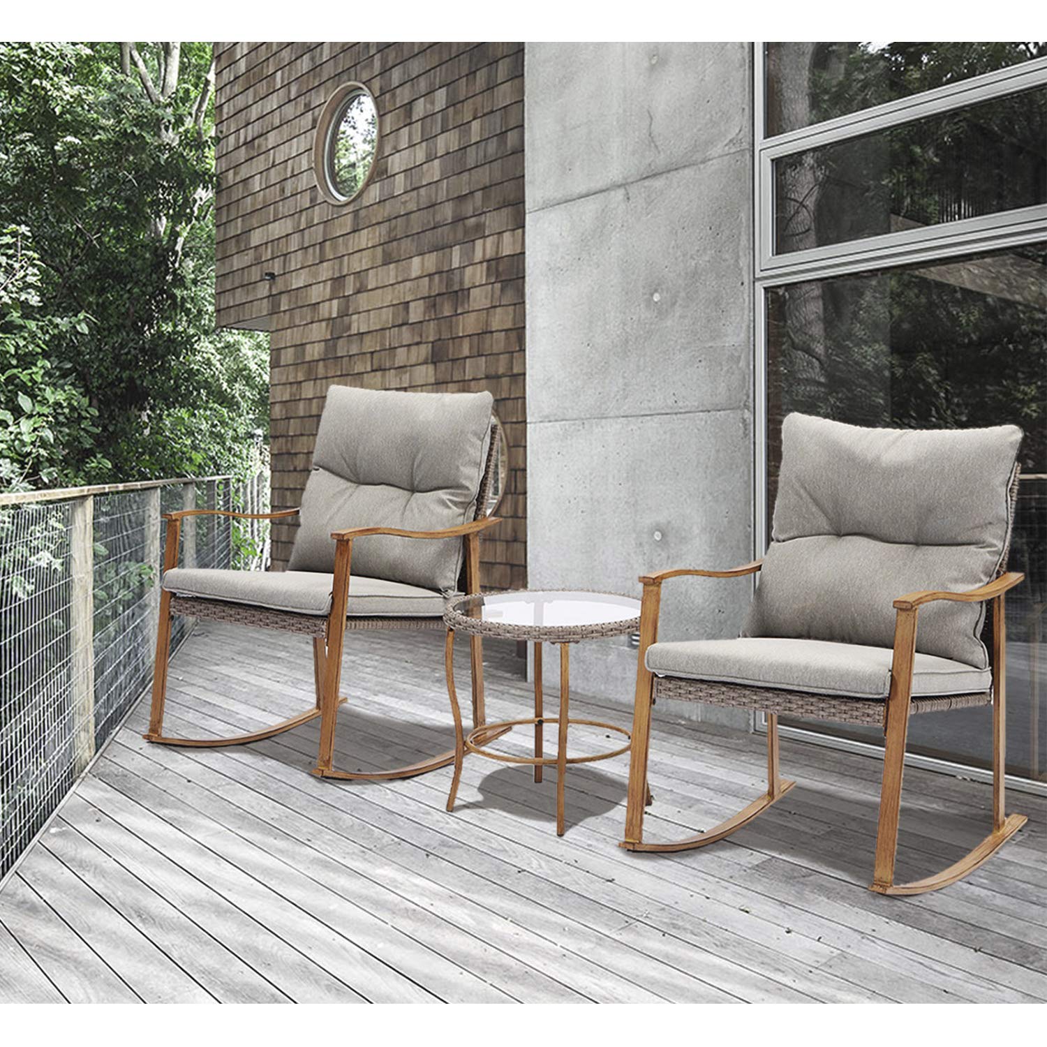 Modern SUNBURY 3-Piece Outdoor Rocking Bistro Set with Cushions & Glass Coffee Table - Woodgrain Wicker Patio Furniture for Sunroom, Porch or Garden - Perfect for Relaxing, Entertaining & Outdoor Conversations