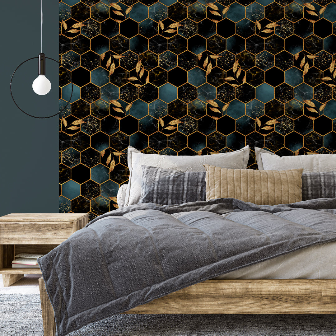 Premium Black Gold Honeycomb Pattern Wallpaper - Self-Adhesive Peel & Stick Wallpaper for Bedroom, Living Room, and Office Decor - Easy to Install & Remove
