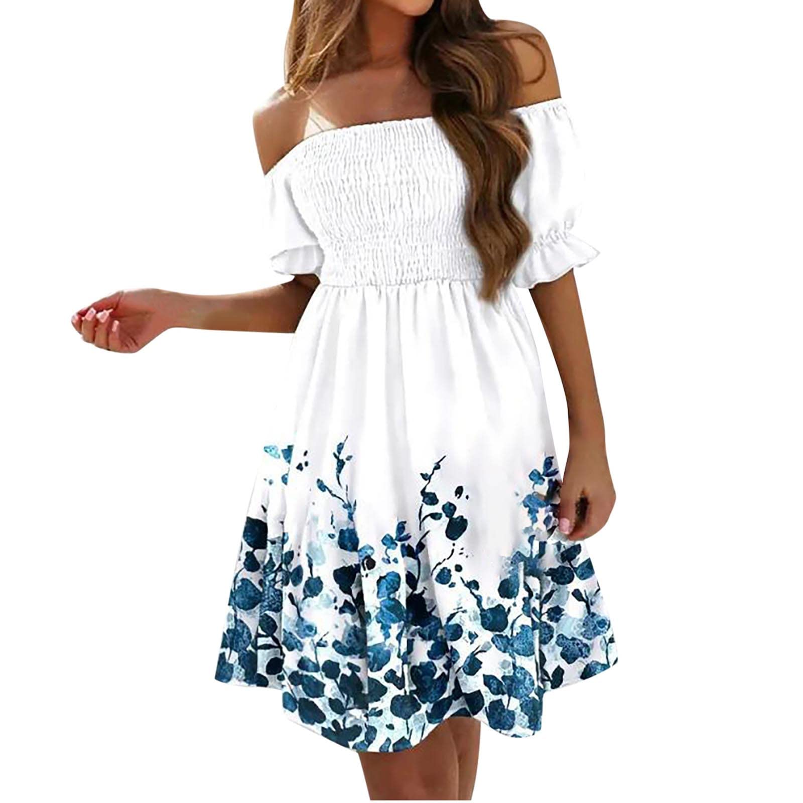 Women's Summer Casual Dress - Slim Fit Stretchy Elastic Off Shoulder Short Sleeve Printed Dress for Beach, Vacation, and Outdoor Parties