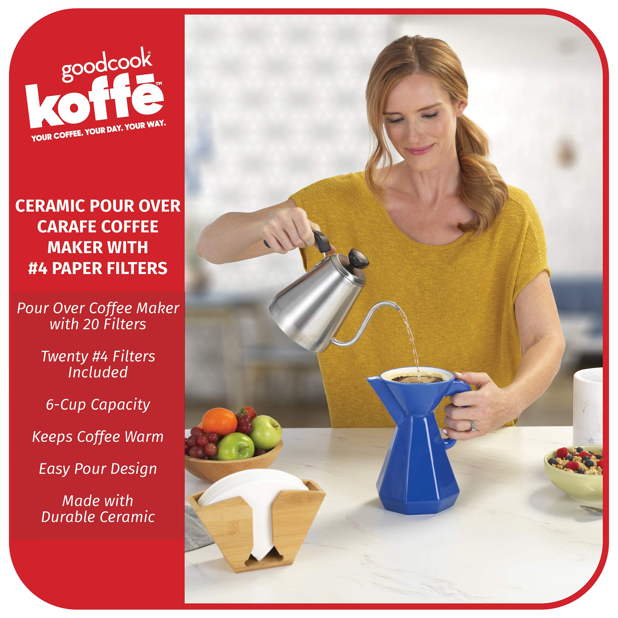 Goodcook Koffe 6-Cup Ceramic Pour Over Coffee Maker with #4 Paper Filters - Perfect for Home Brewing, Office Use & Gift Giving